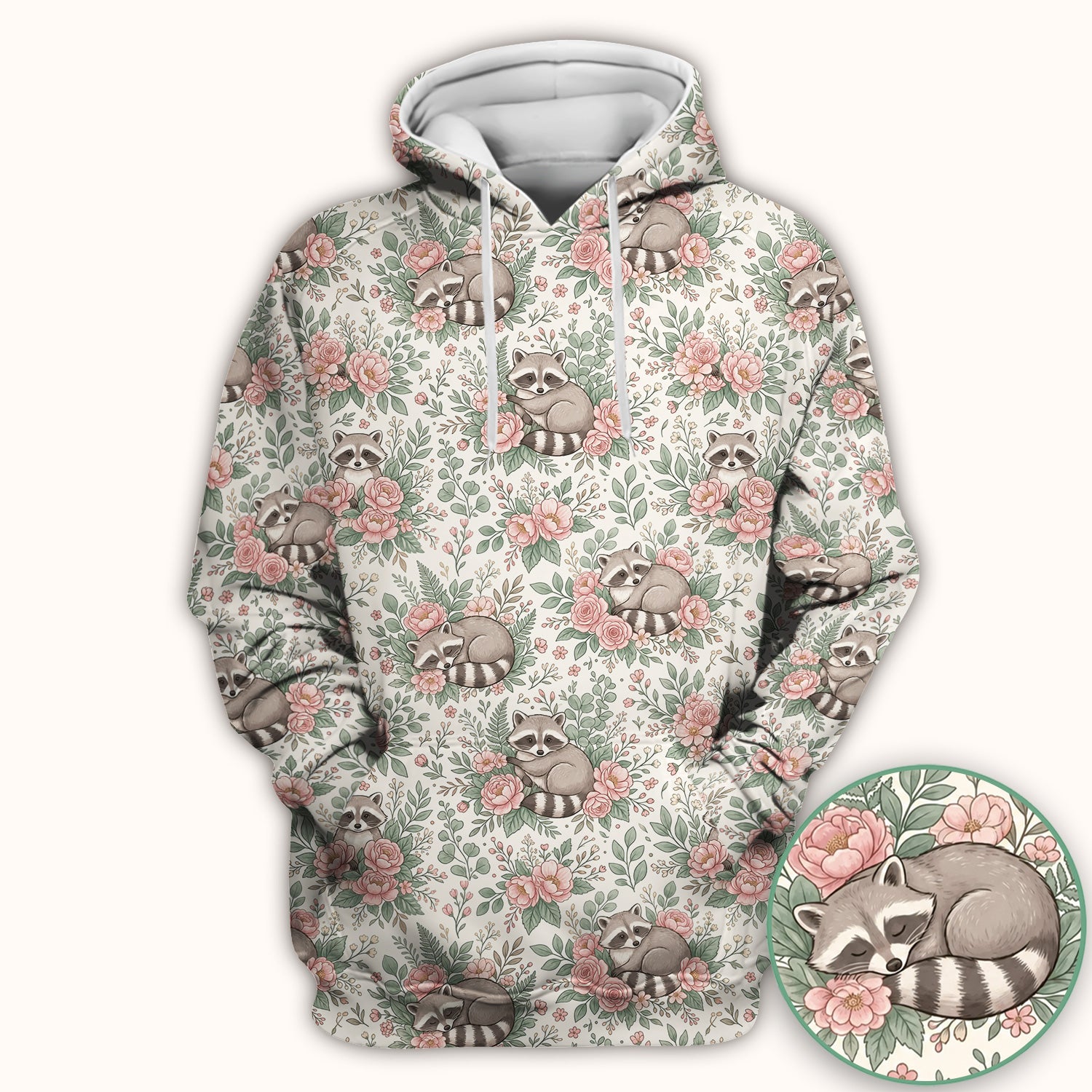 Sleeping Raccoon Rose Garden Pattern Scrub Top, Breathable Fabrics Nursing Uniform