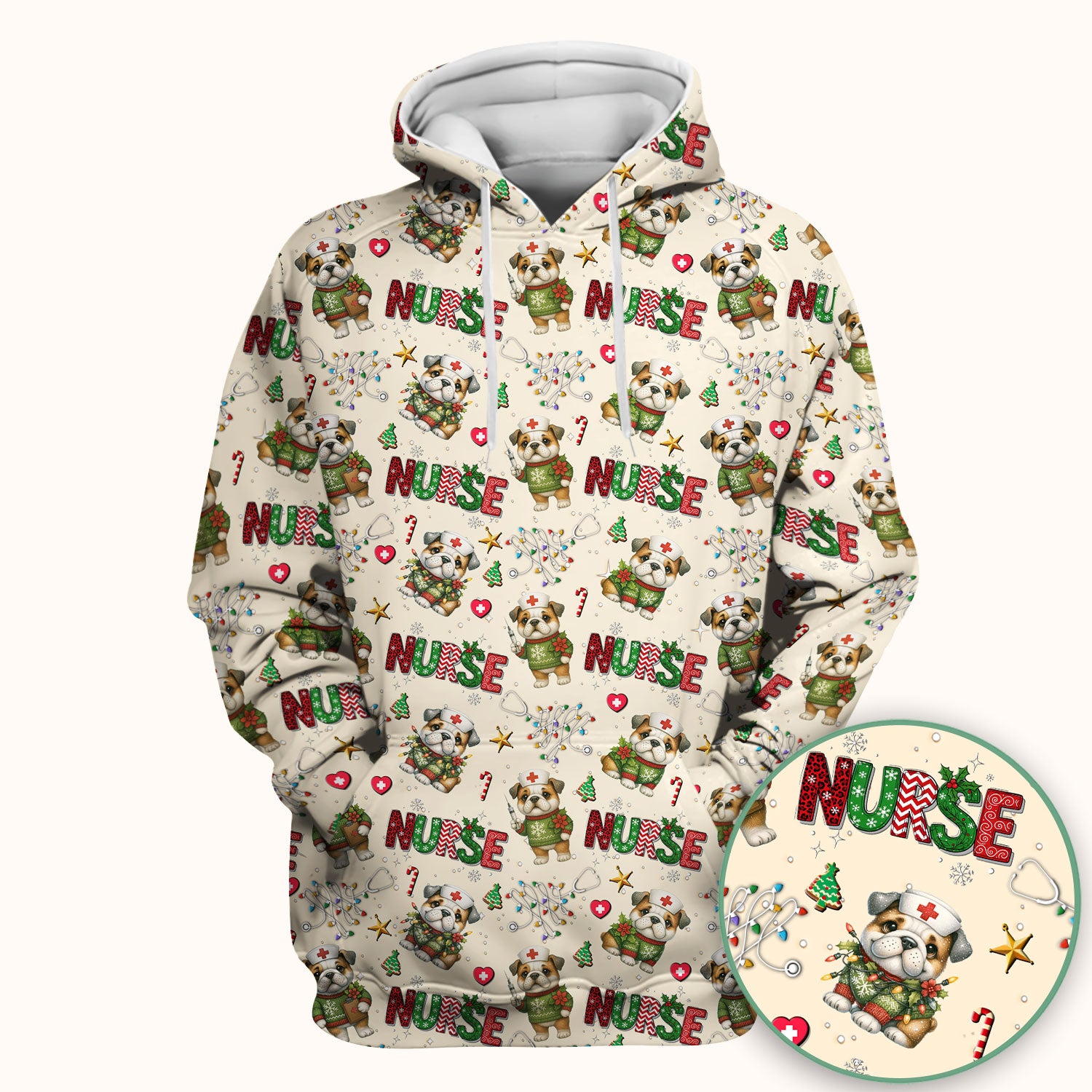 Bulldog Christmas Nurse Scrub Top - Funny Dog Scrub Shirt - Cute Holiday Medical Uniform for Women RN LPN CNA Gift