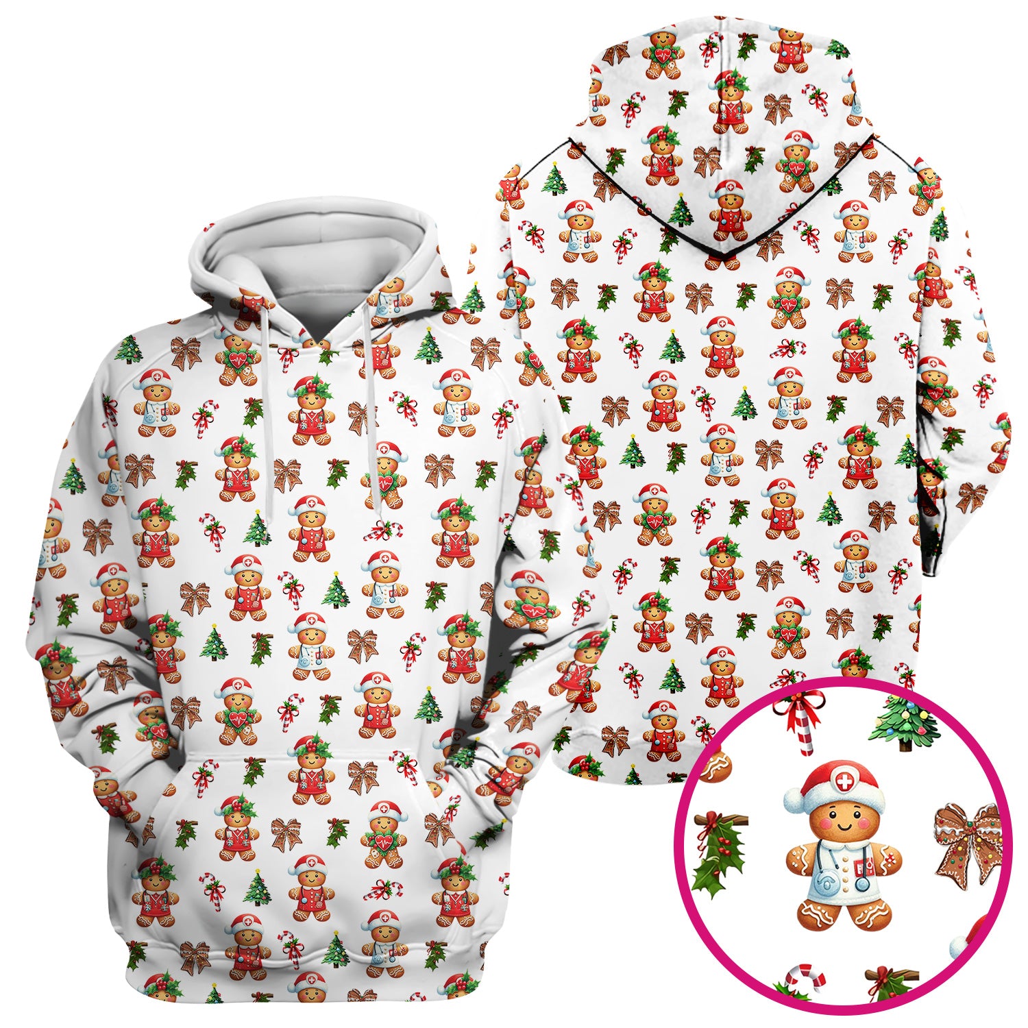 Funny Christmas Scrub Top for Nurse - Adorable Gingerbread Candy Cane Bow- Festive Medical Uniform for Women