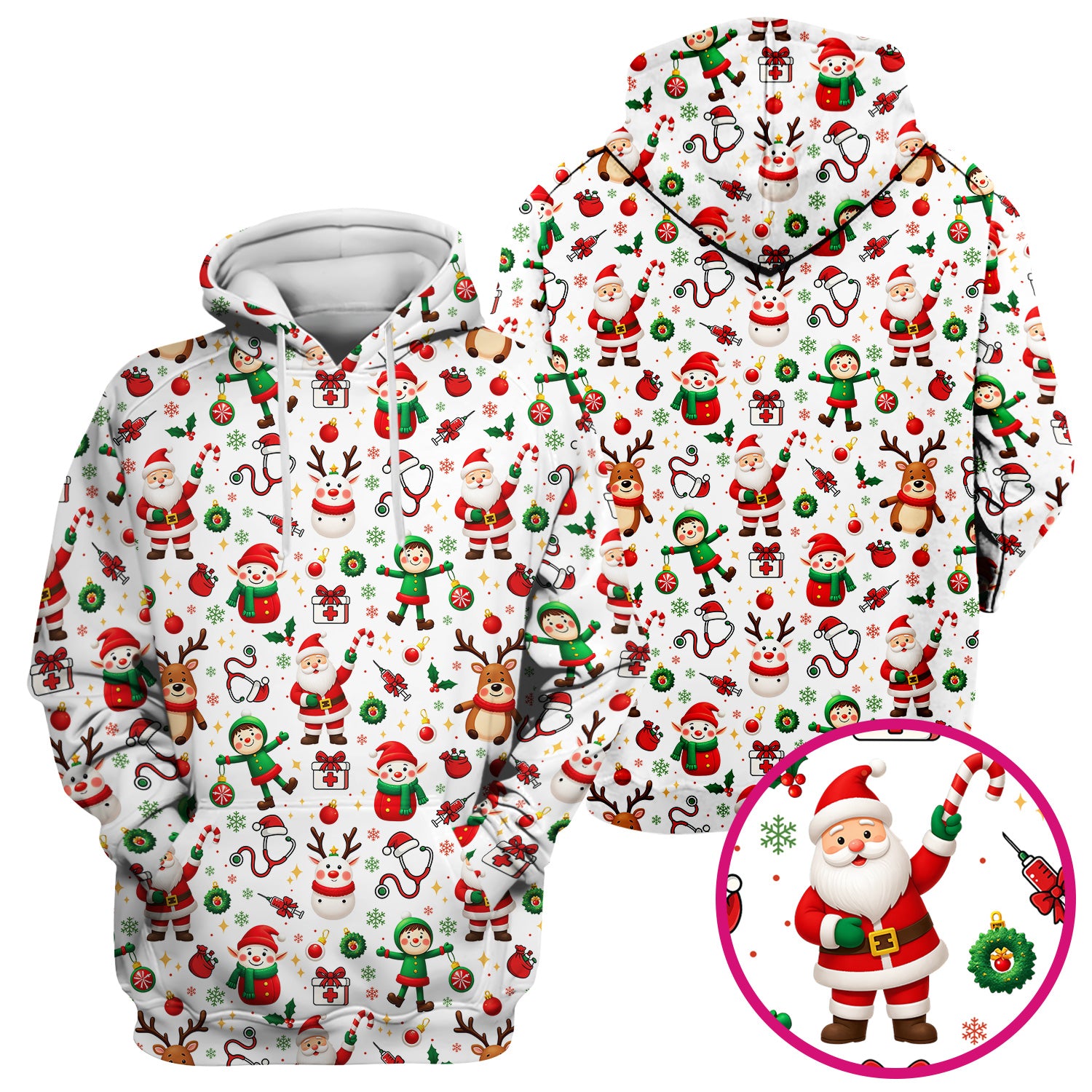 Santa Christmas Scrub Top - Cute Holiday Nurse Medical Shirt - Festive Reindeer Med Uniform for Women RN CNA LPN