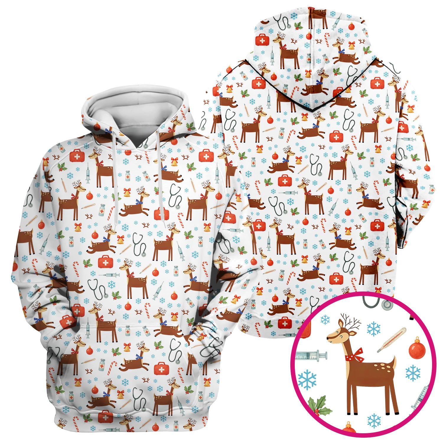 Christmas Reindeer Scrub Top for Nurses - Cute Reindeers Snowflakes Candy Canes Shirt - Comfortable Med Uniform
