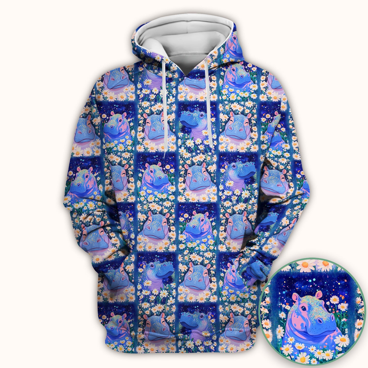 Cute Hippo Daisy Floral Patchwork Scrub Top, Breathable Fabrics Nursing Uniform