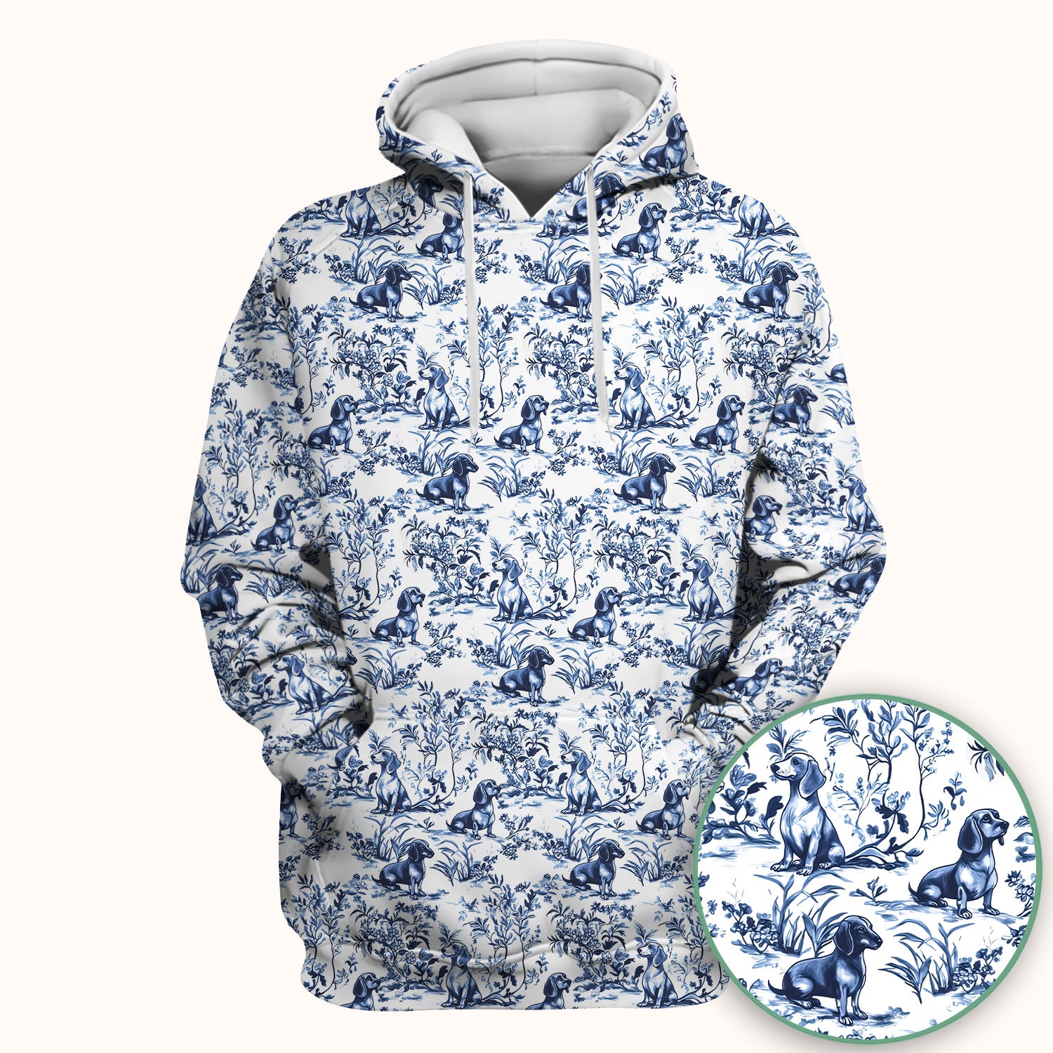 Toile de Jouy Dog Scrub Top – Elegant Blue Dachshund Pattern – Cute Medical Uniform for Nurses, Vets, and Animal Care Workers