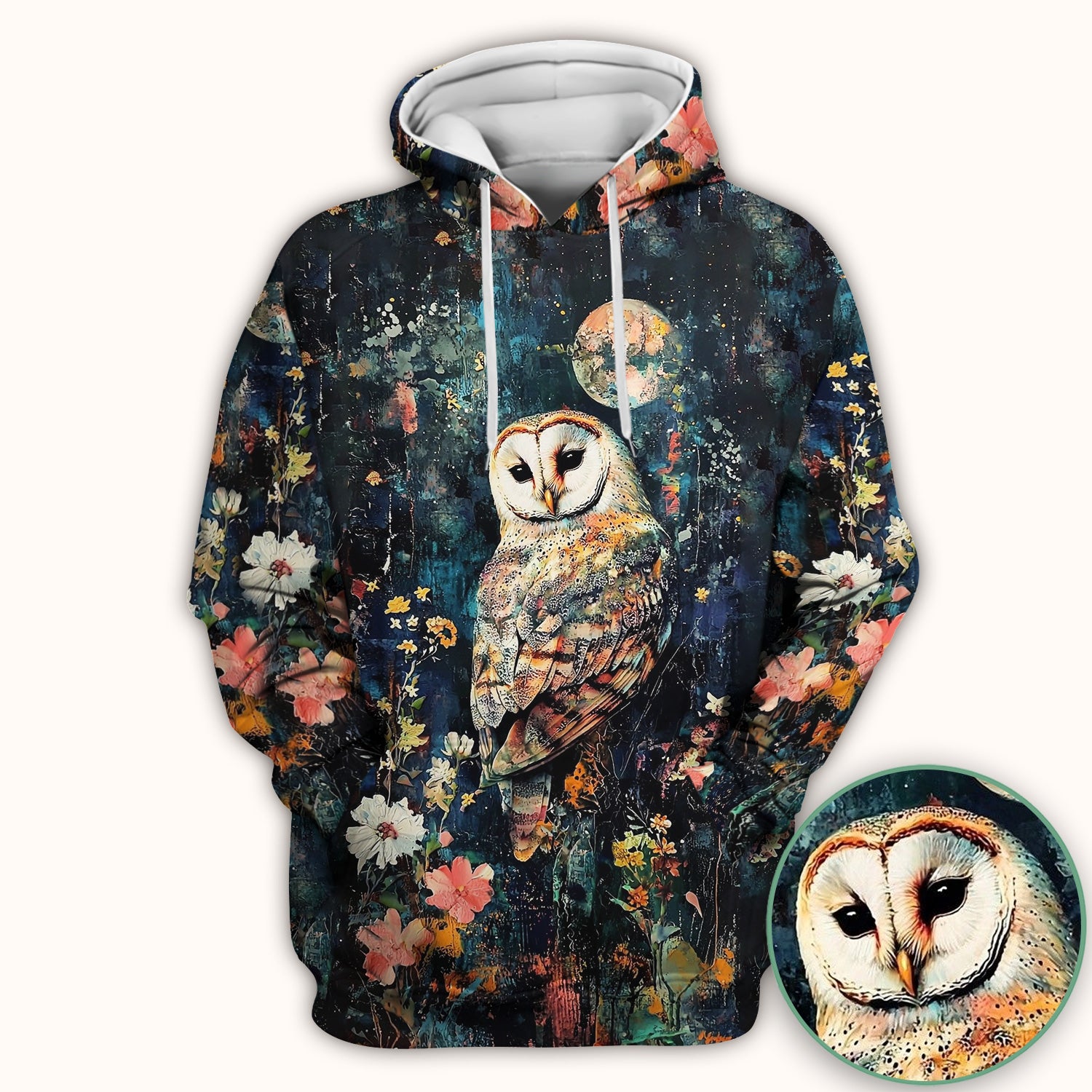 Moonlit Barn Owl Floral Pattern Scrub Top, Comfortable Scrubs for Nurses