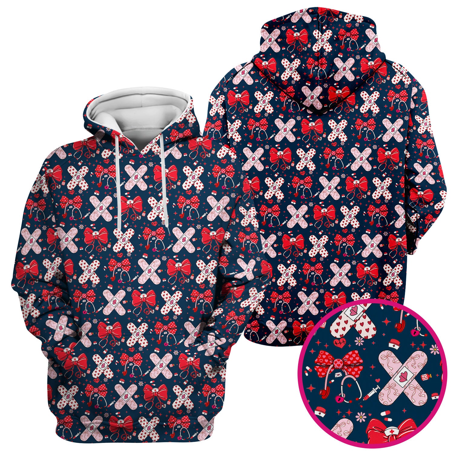 Valentine Nurse Scrub Top, Red Bow And Heart Bandage Pattern Medical Shirt, Breathable Fabrics Nursing Uniform