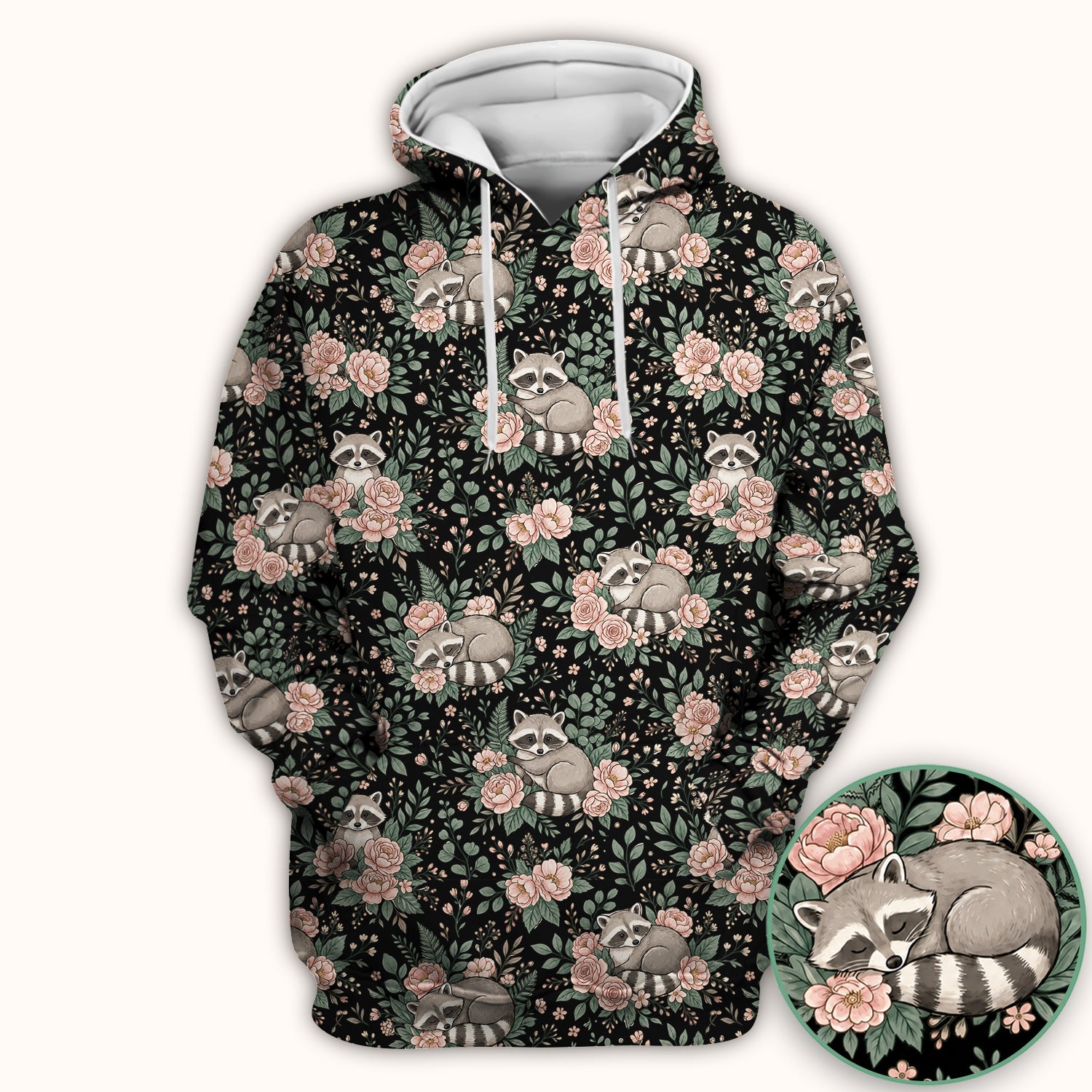 Sleeping Raccoon Rose Garden Pattern Scrub Top, Breathable Fabrics Nursing Uniform