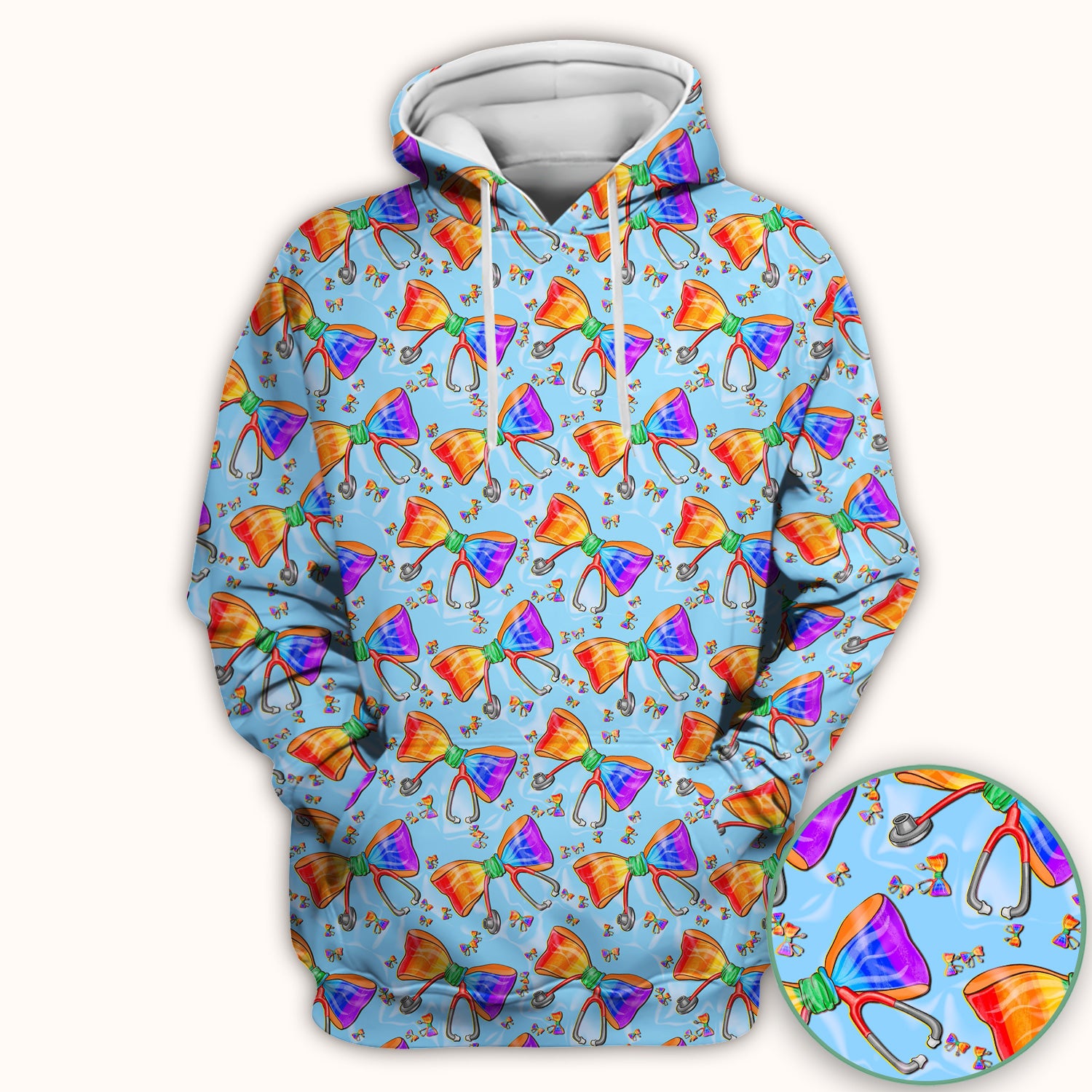 Colorful Rainbow Bow Stethoscope Pattern Scrub Top, Breathable Fabrics Nursing Uniform