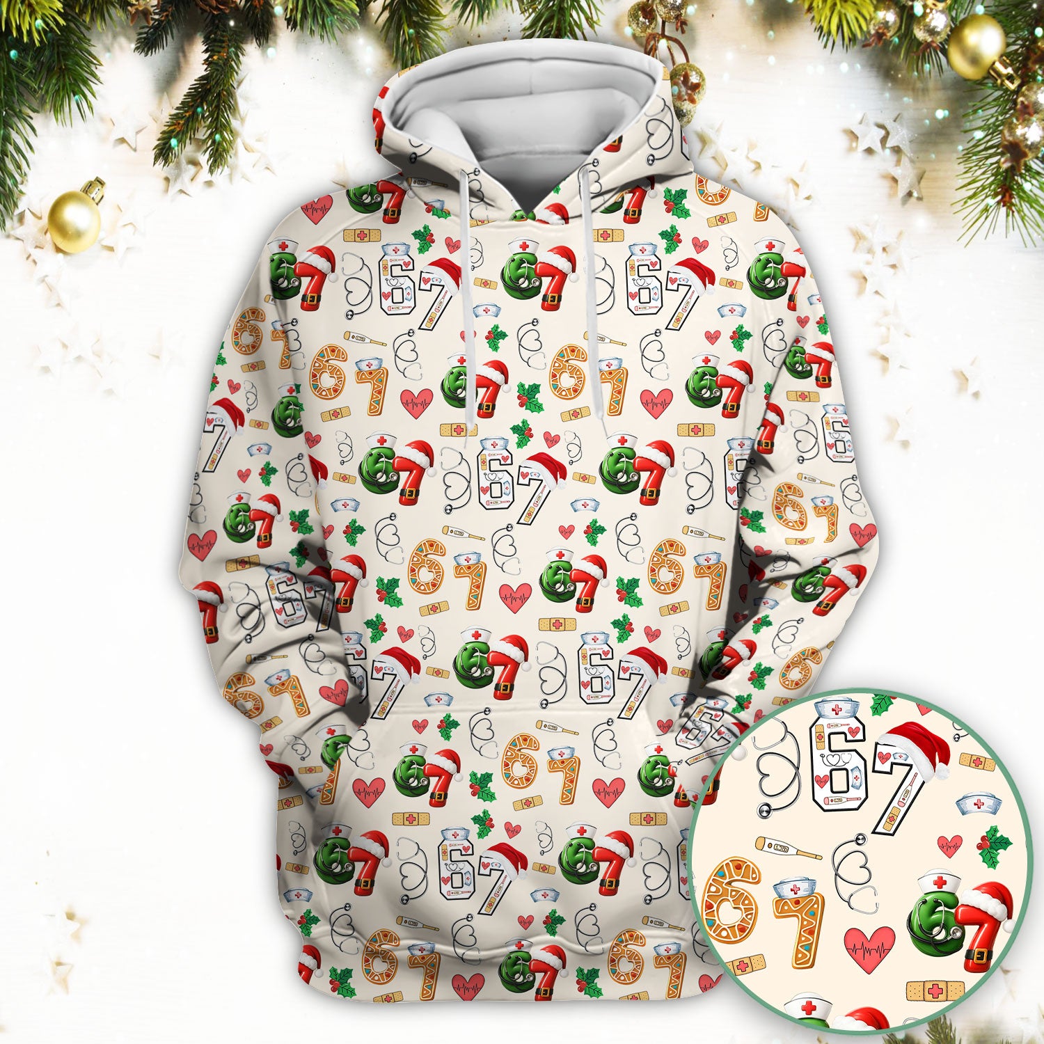 Christmas Nurse 67 Pattern Scrub Top, Cute Holiday Medical Shirt With Santa Hat, Uniform For Nursing