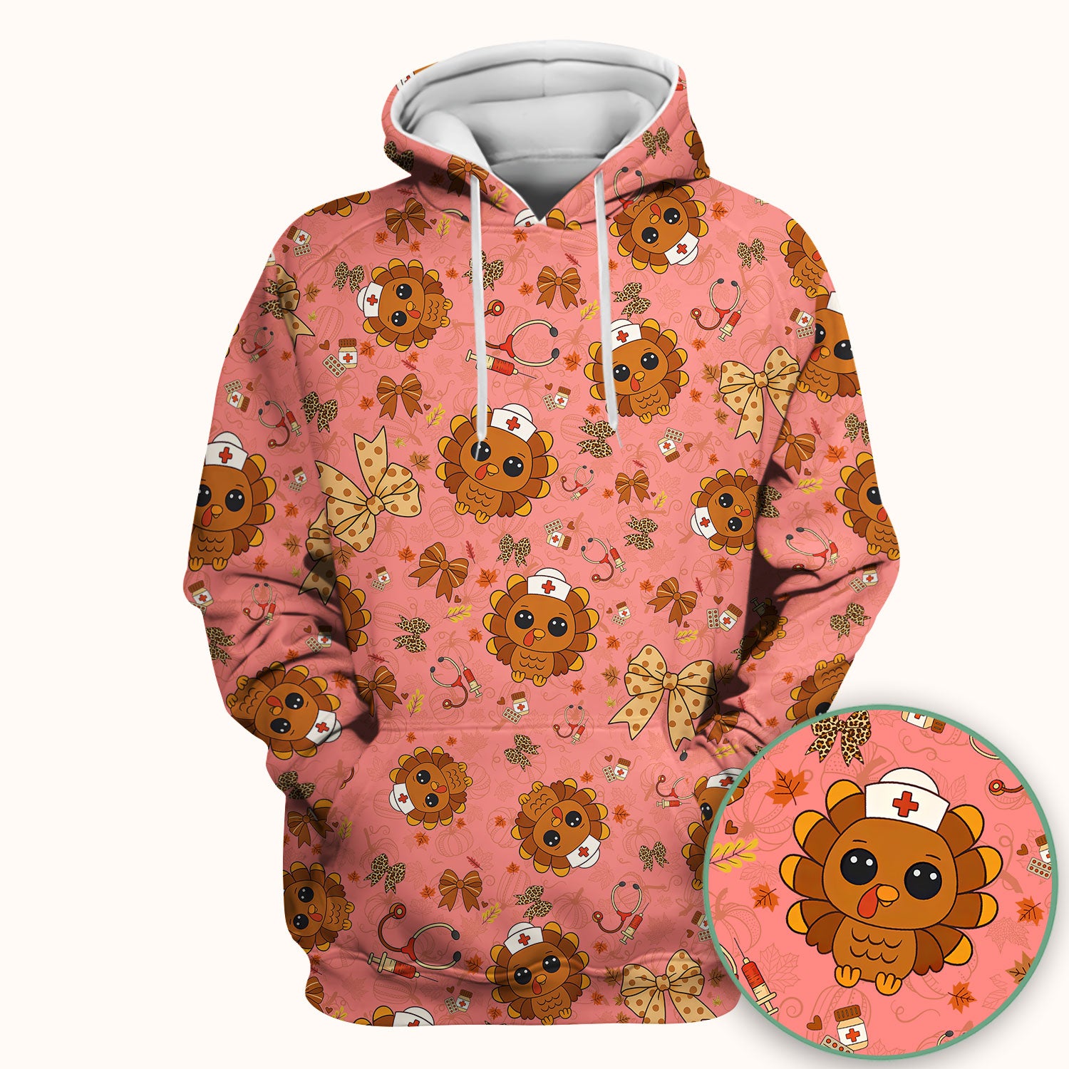 Thanksgiving Turkey Nurse Scrub Top for Women - Cute Fall Leaves and Bow Shirt - Autumn Medical Shirt Gift for RN CNA LPN Doctor