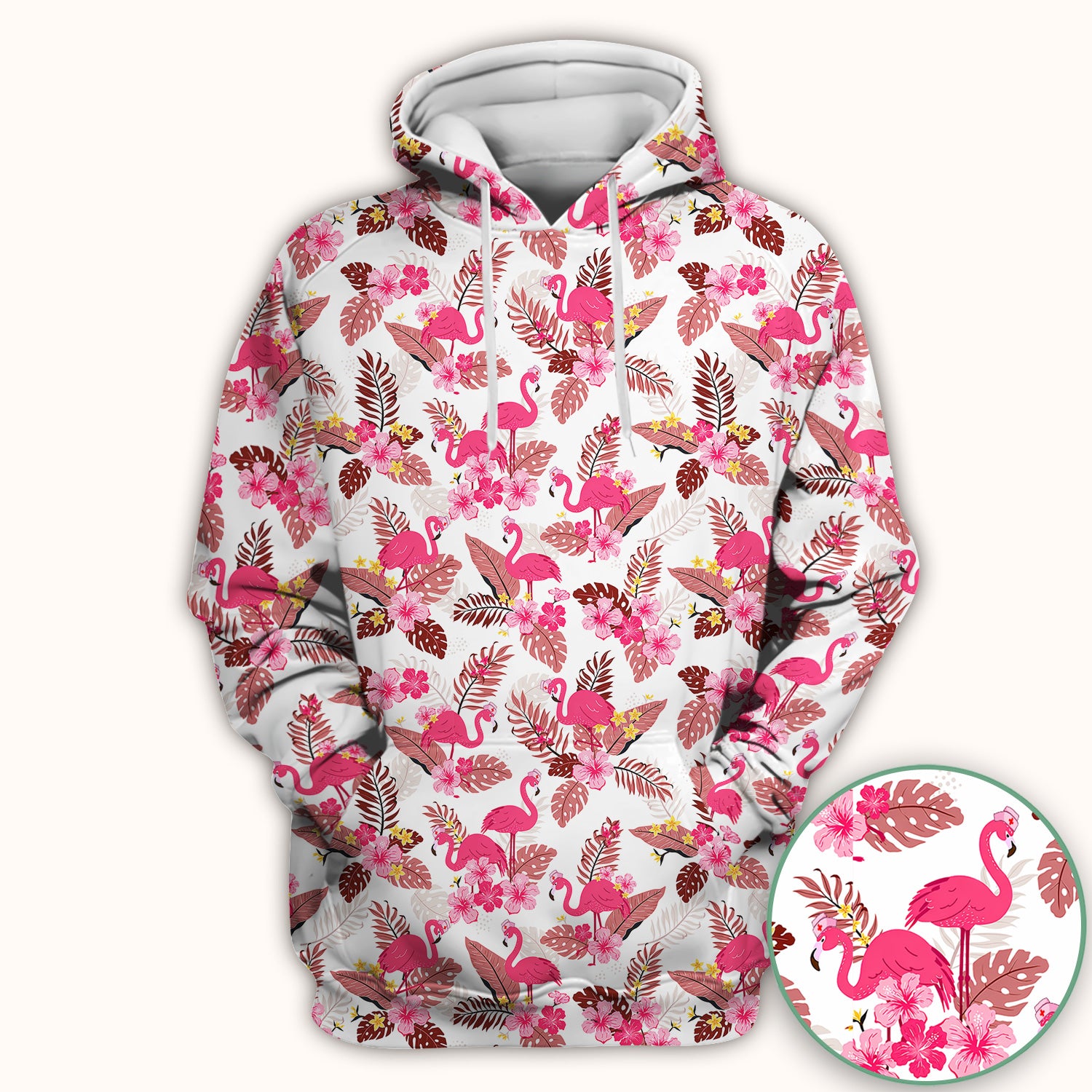 Pink Flamingo Tropical Floral Scrub Top, Breathable Fabrics Nursing Uniform