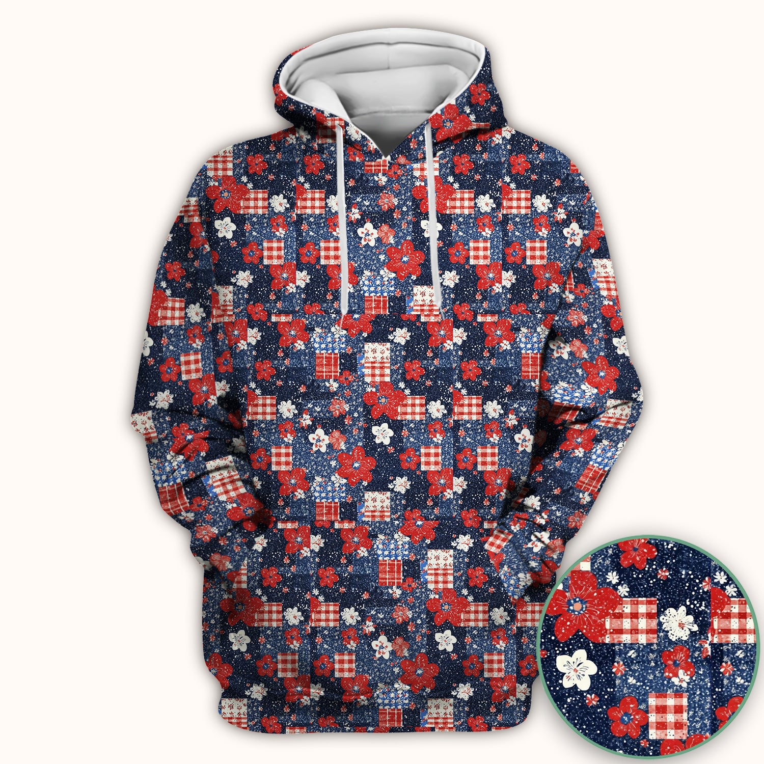 Patriotic Gingham Floral Patchwork Pattern Scrub Top, Comfortable Scrubs for Nurses