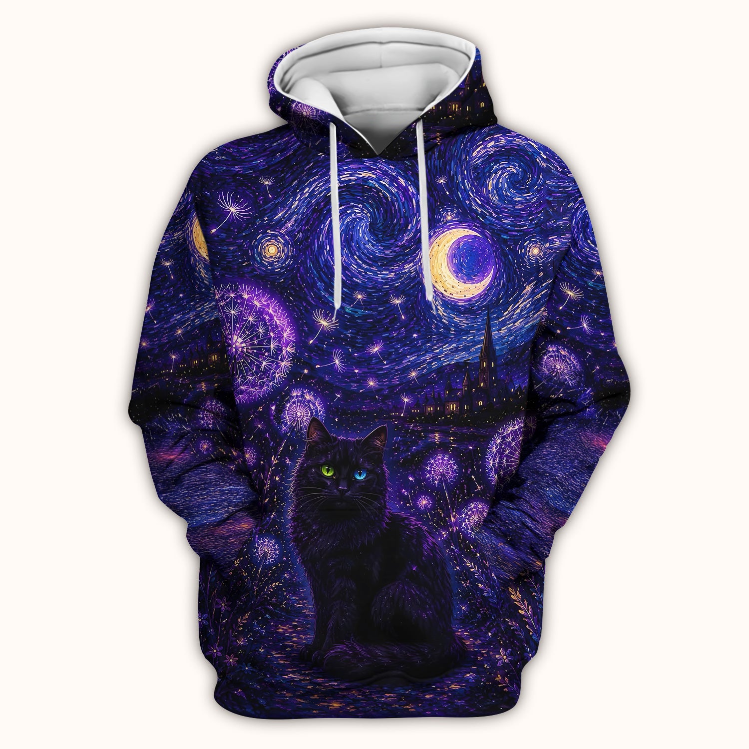Mystical Black Cat Starry Night Print Scrub Top, Comfortable Scrubs for Nurses