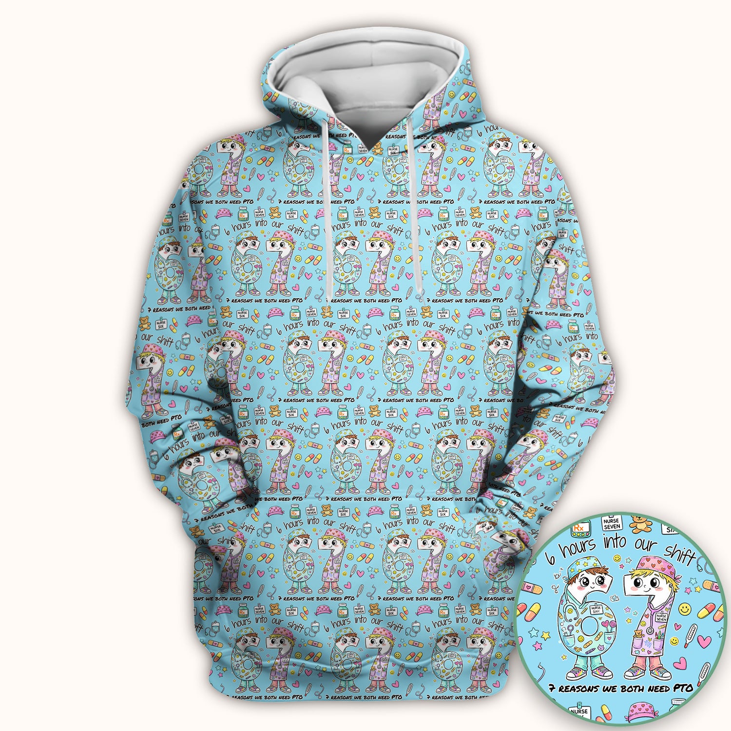 Cartoon Characters Six Hours Into Shift With Medical Doodle Scrub Top, Breathable Fabrics Nursing Uniform