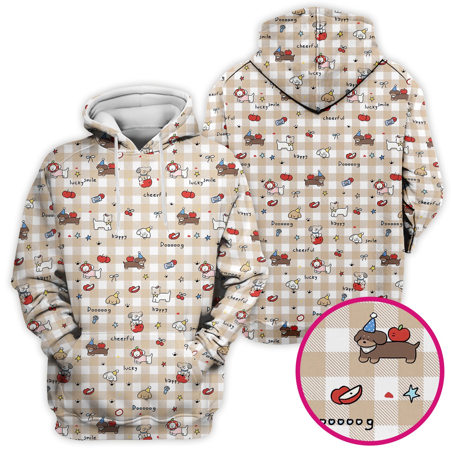 Cute Nurse Cartoon Puppy Apple Gingham Scrub Top, Breathable Fabrics Nursing Uniform