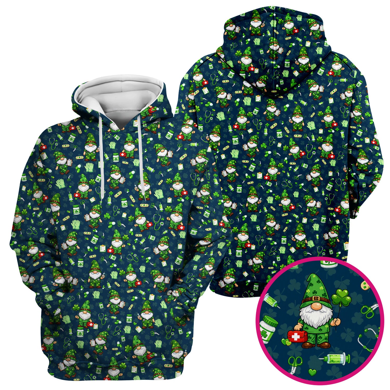 St. Patrick’s Day Nurse Gnome Scrub Top, Green Lucky Medical Pattern Nurse Shirt, Breathable Fabrics Nursing Uniform