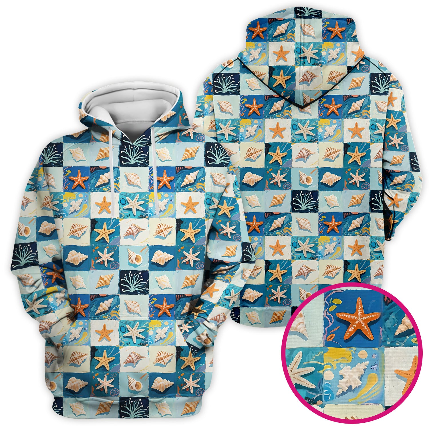 Cute Seashell Starfish Ocean Tile Pattern Scrub Top, Comfortable Scrubs for Nurses