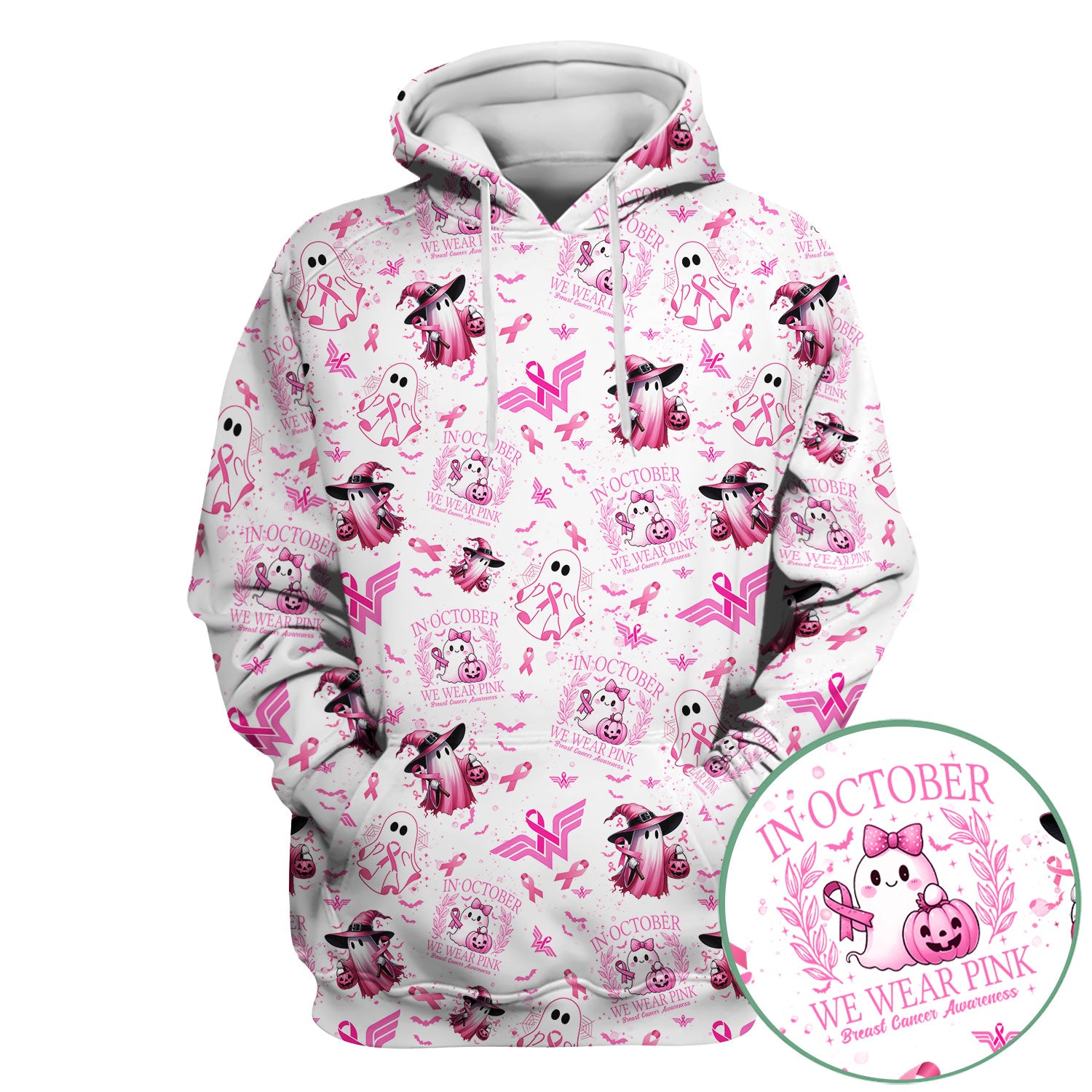 Pink Halloween Scrub Top for Nurses - In October We Wear Pink Breast Cancer Awareness Shirt - Cute Ghost Witch Gift for RN CNA LPN