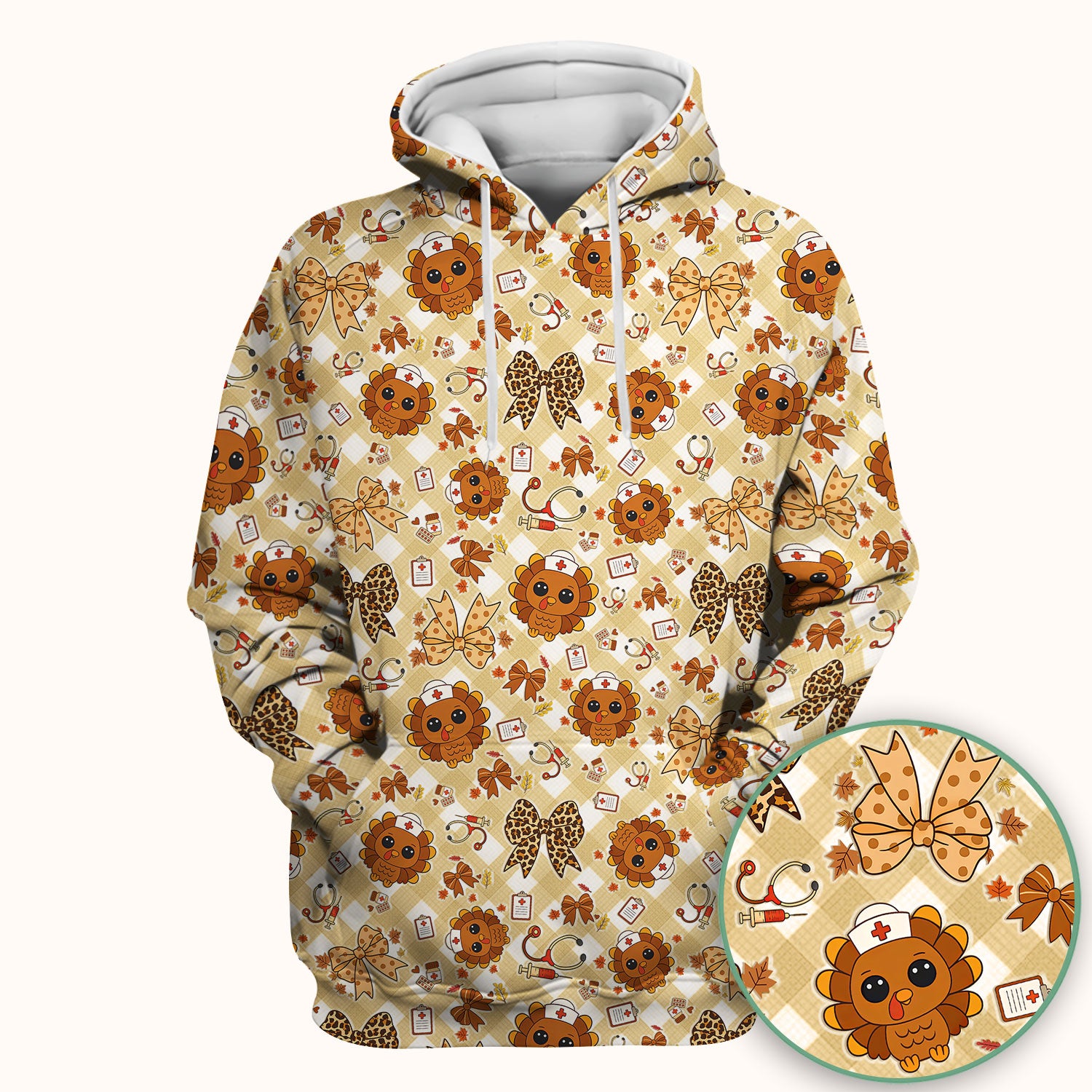 Thanksgiving Turkey Scrub Top for Nurses - Cute Fall Leaves and Bow Shirt - Funny Autumn Nursing Gift for Women RN LPN CNA