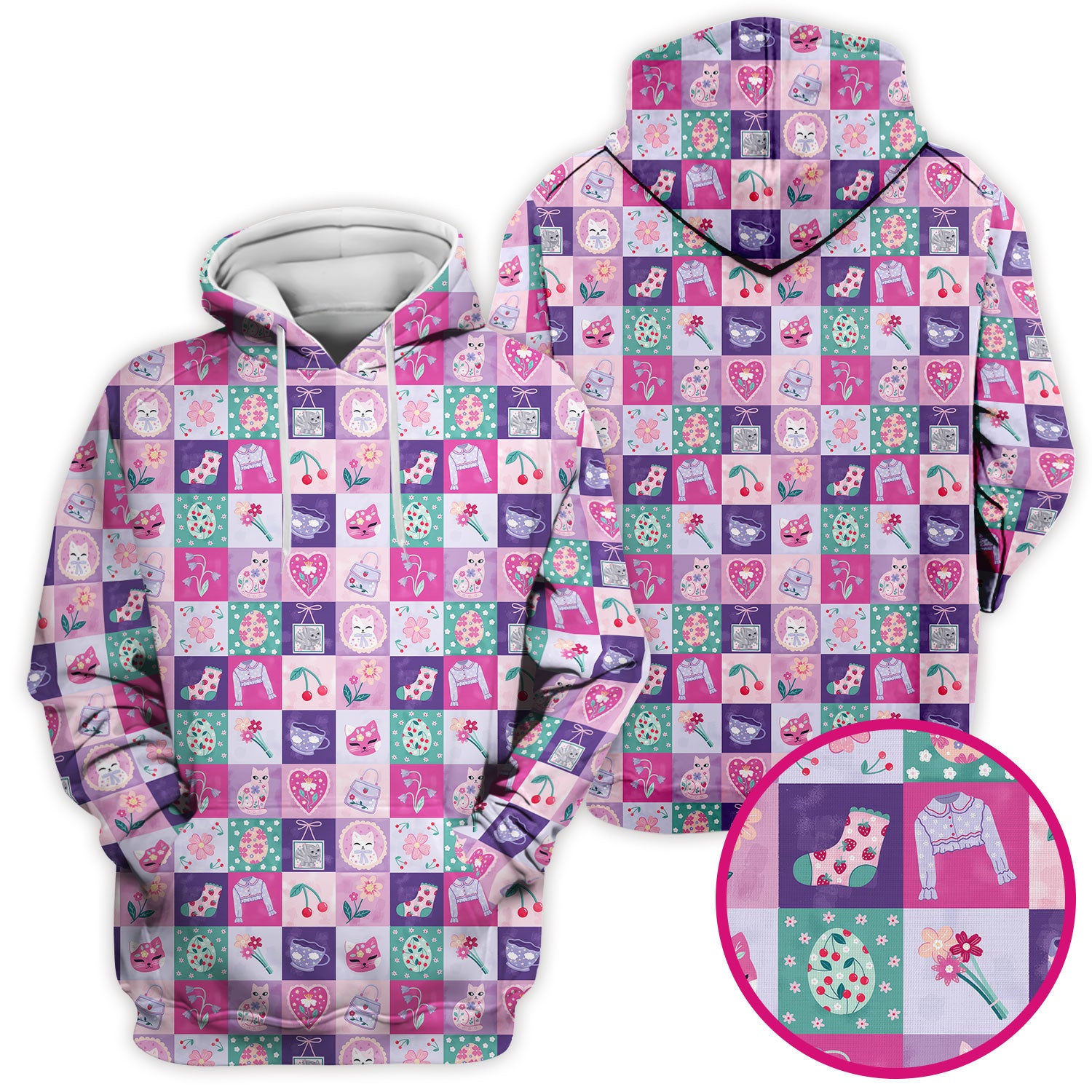 Pastel Cat Patchwork Scrub Top, Kawaii Floral Nursing Uniform