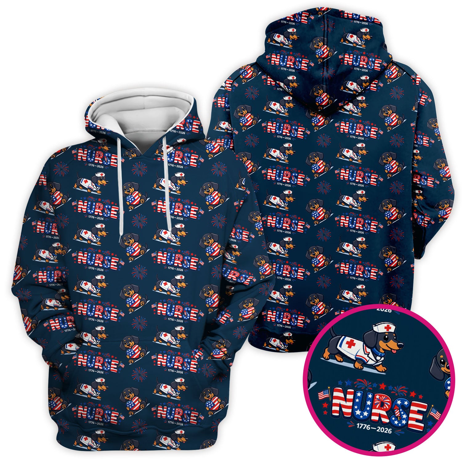 Proud Nurse Patriotic Dachshund Medical Firework Pattern Scrub Top, Comfortable Scrubs for Nurses