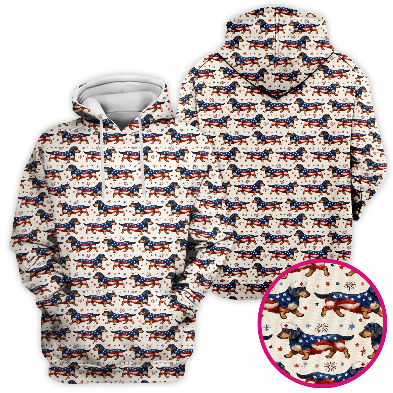 Patriotic Dachshund Dog American Flag Pattern Nurse Scrub Top, Breathable Fabrics Nursing Uniform