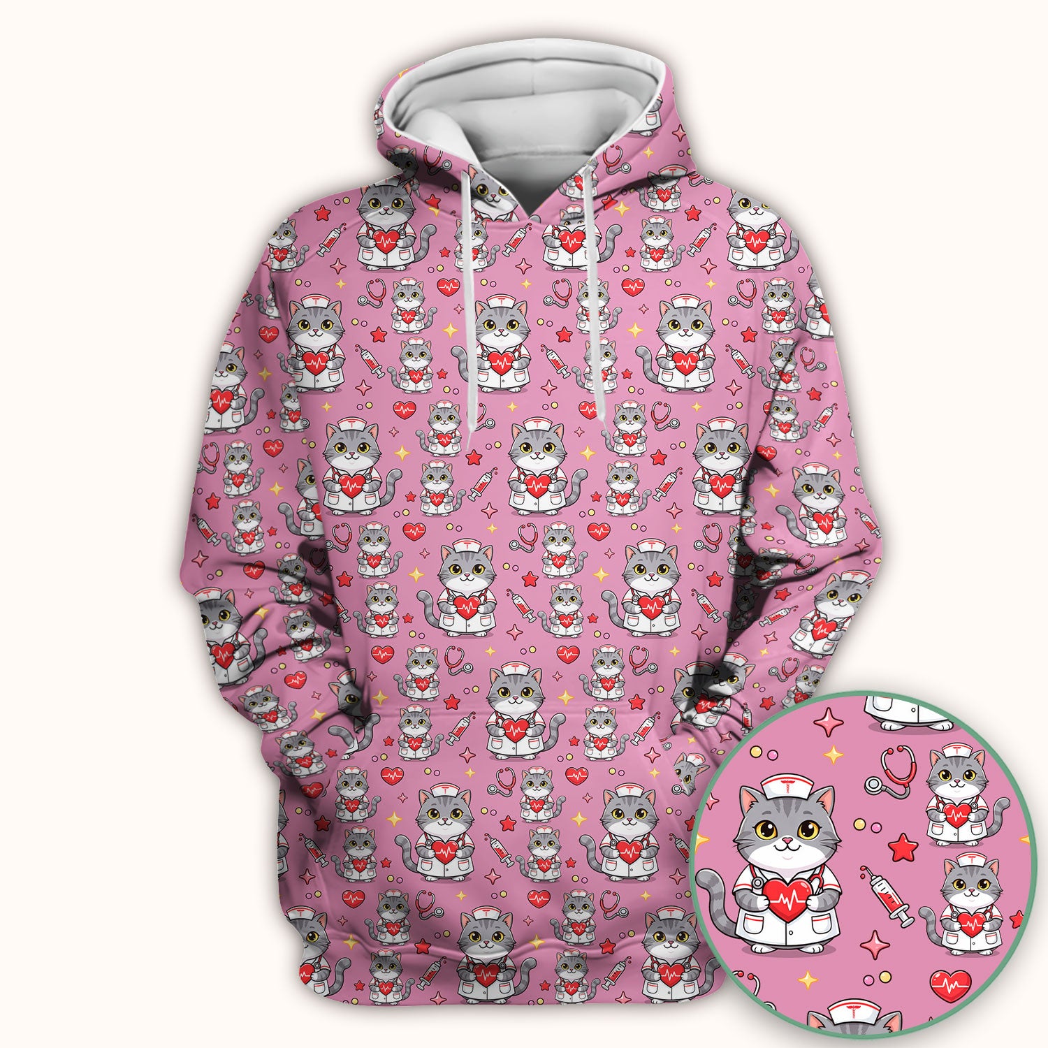 Cute Nurse Cat Heart Medical Print Scrub Top, Comfortable Scrubs for Nurses