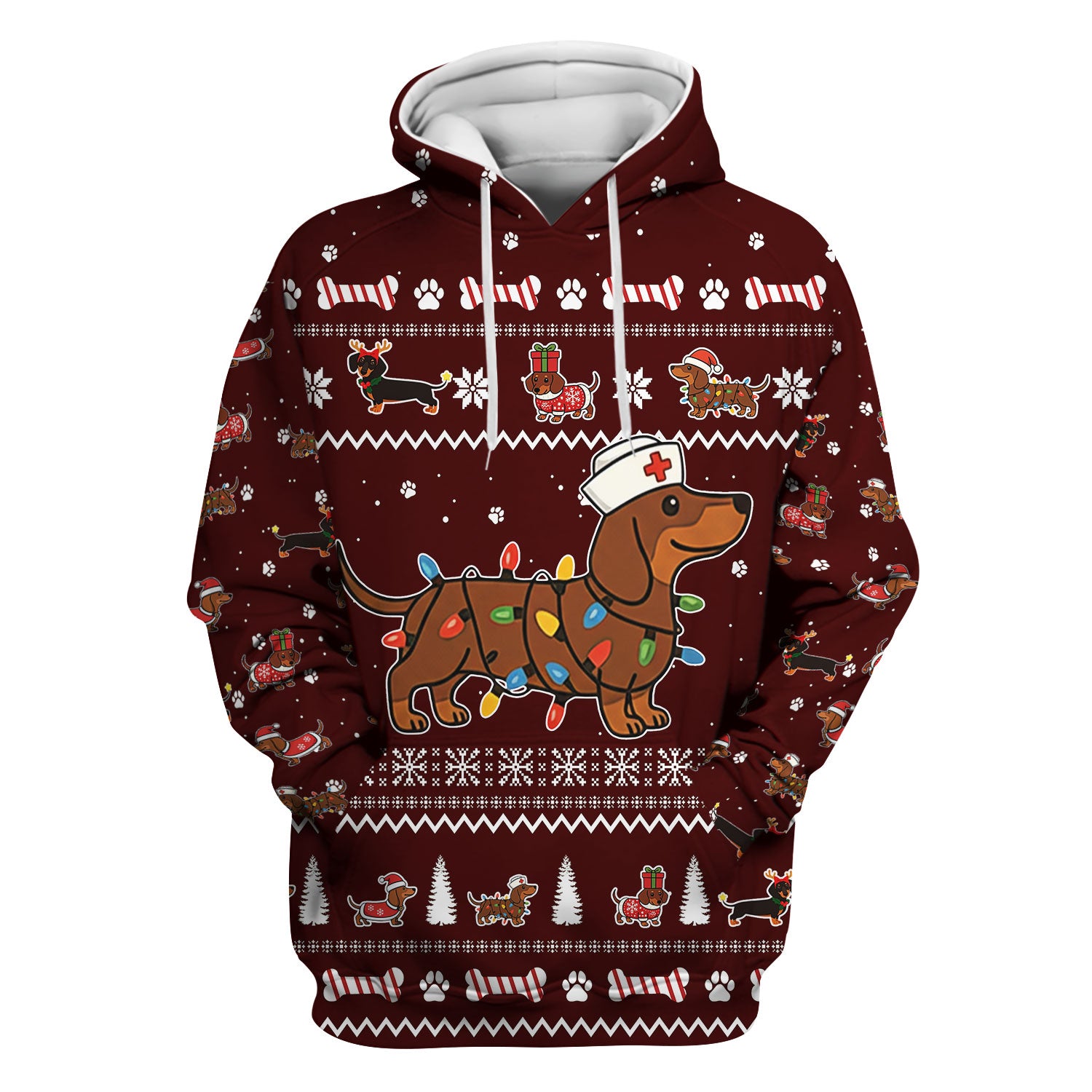 Christmas Dachshund Nurse Scrub Top for Women - Cute Sausage Dog Wearing Lights - Funny Holiday Medical Shirt Gift for RN CNA LPN