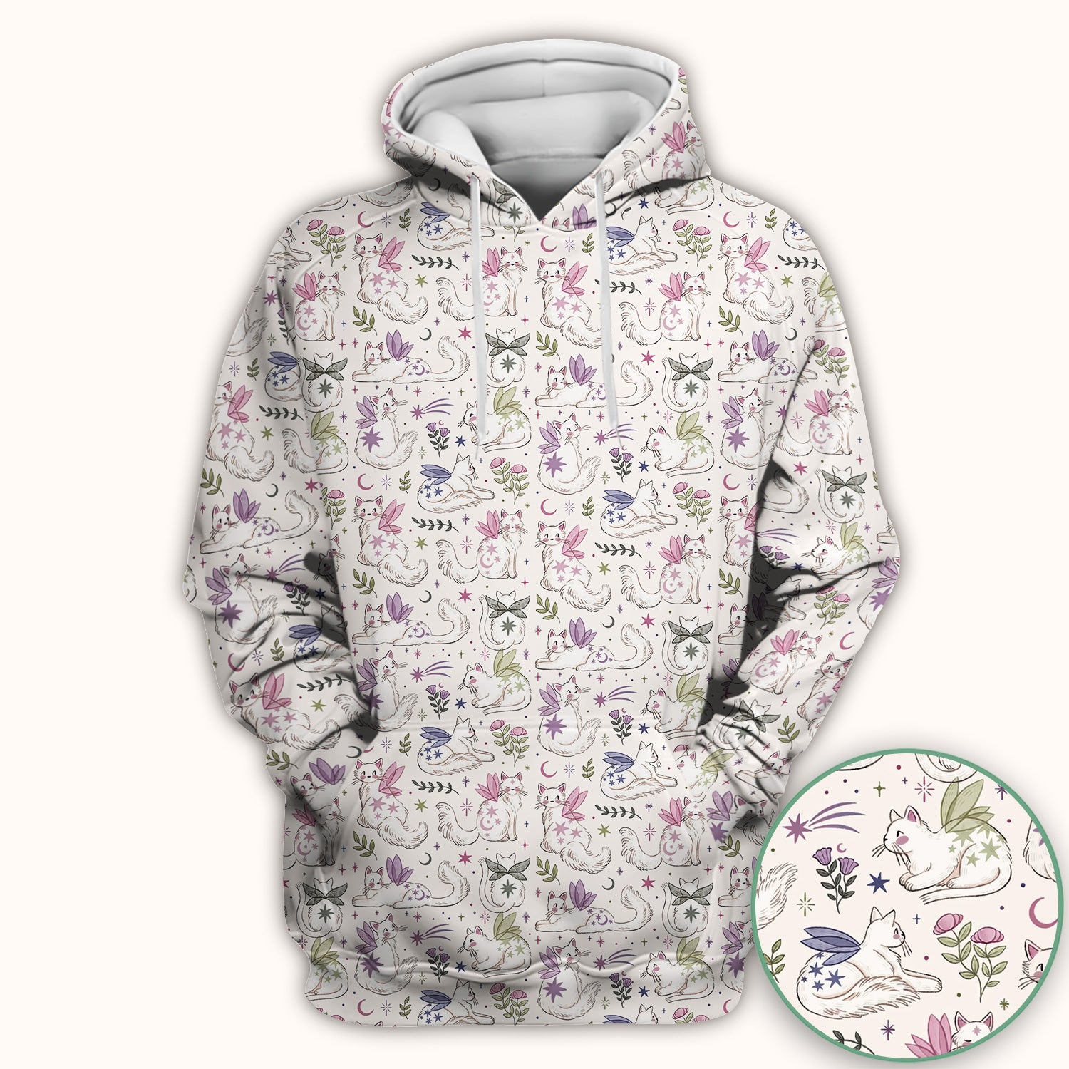 Cute Fairy Cat Moon Star Floral Pattern Scrub Top, Comfortable Scrubs for Nurses