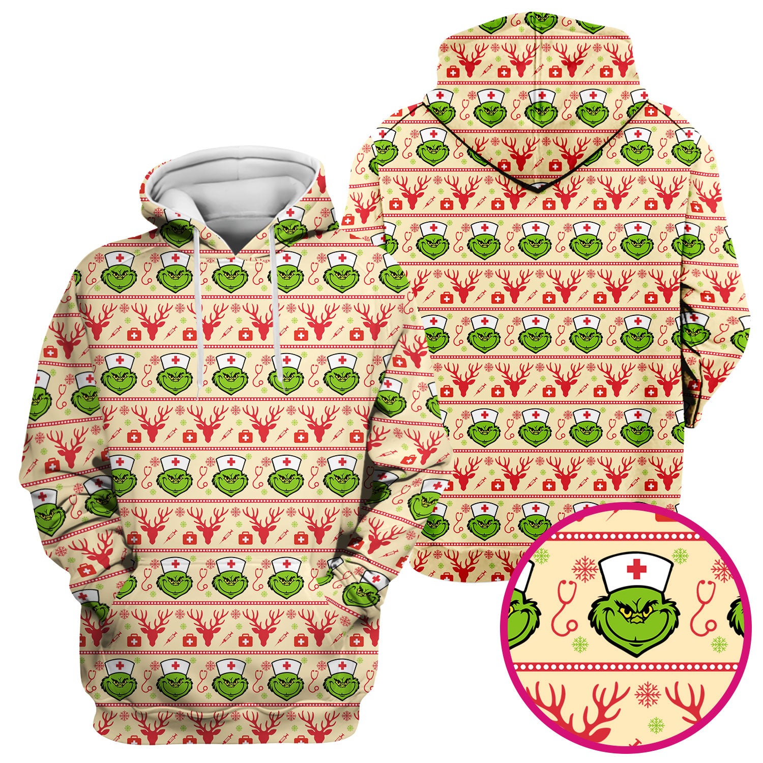 Grinch Nurse Ugly Christmas Scrub Top - Funny Holiday Nursing Scrubs Shirt - Cute Medical Workwear for Women with Festive Pattern