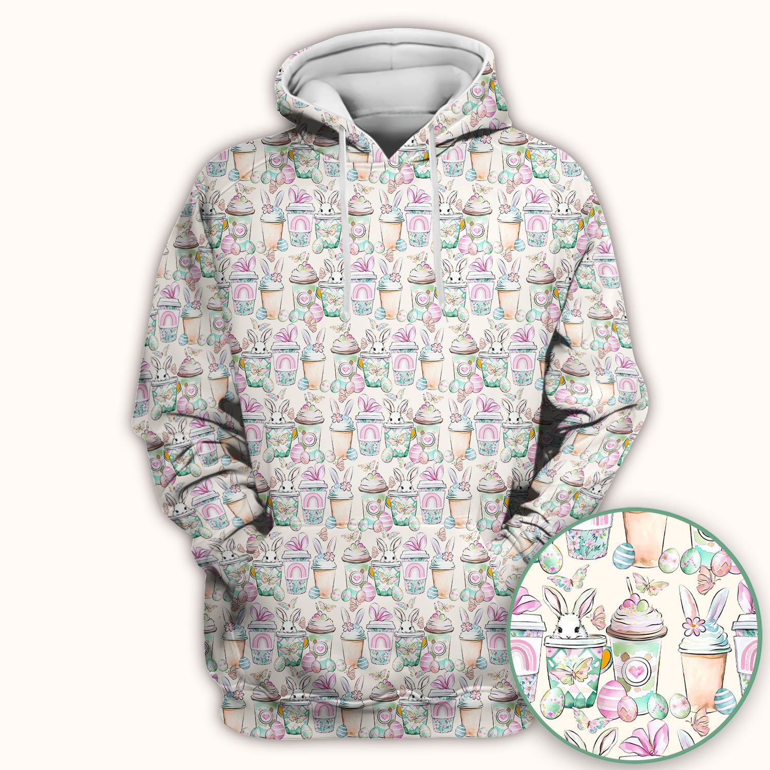 Cute Easter Bunny Coffee Cup Pattern Scrub Top, Comfortable Scrubs for Nurses