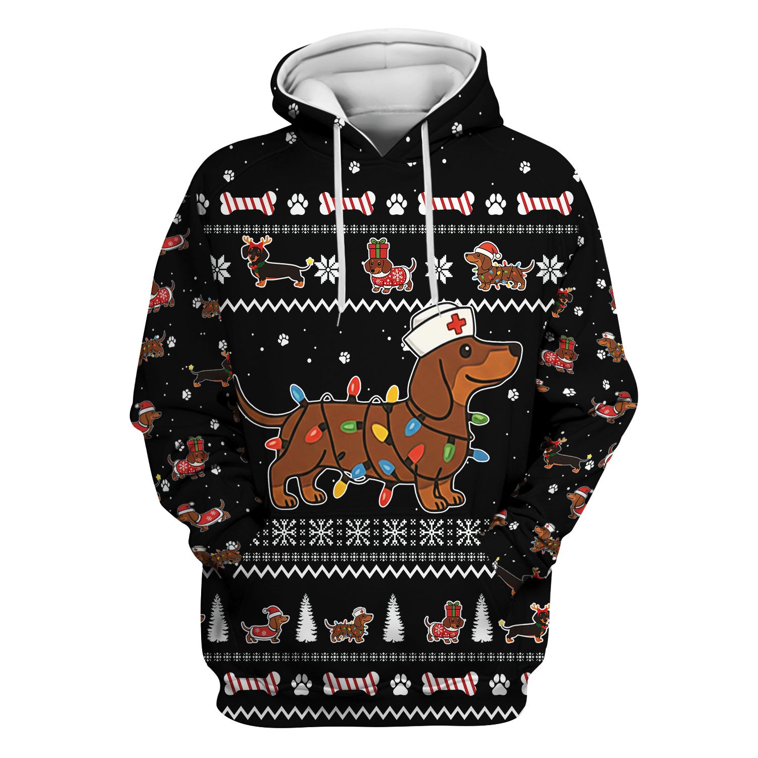 Christmas Dachshund Nurse Scrub Top for Women - Cute Sausage Dog Wearing Lights - Funny Holiday Medical Shirt Gift for RN CNA LPN