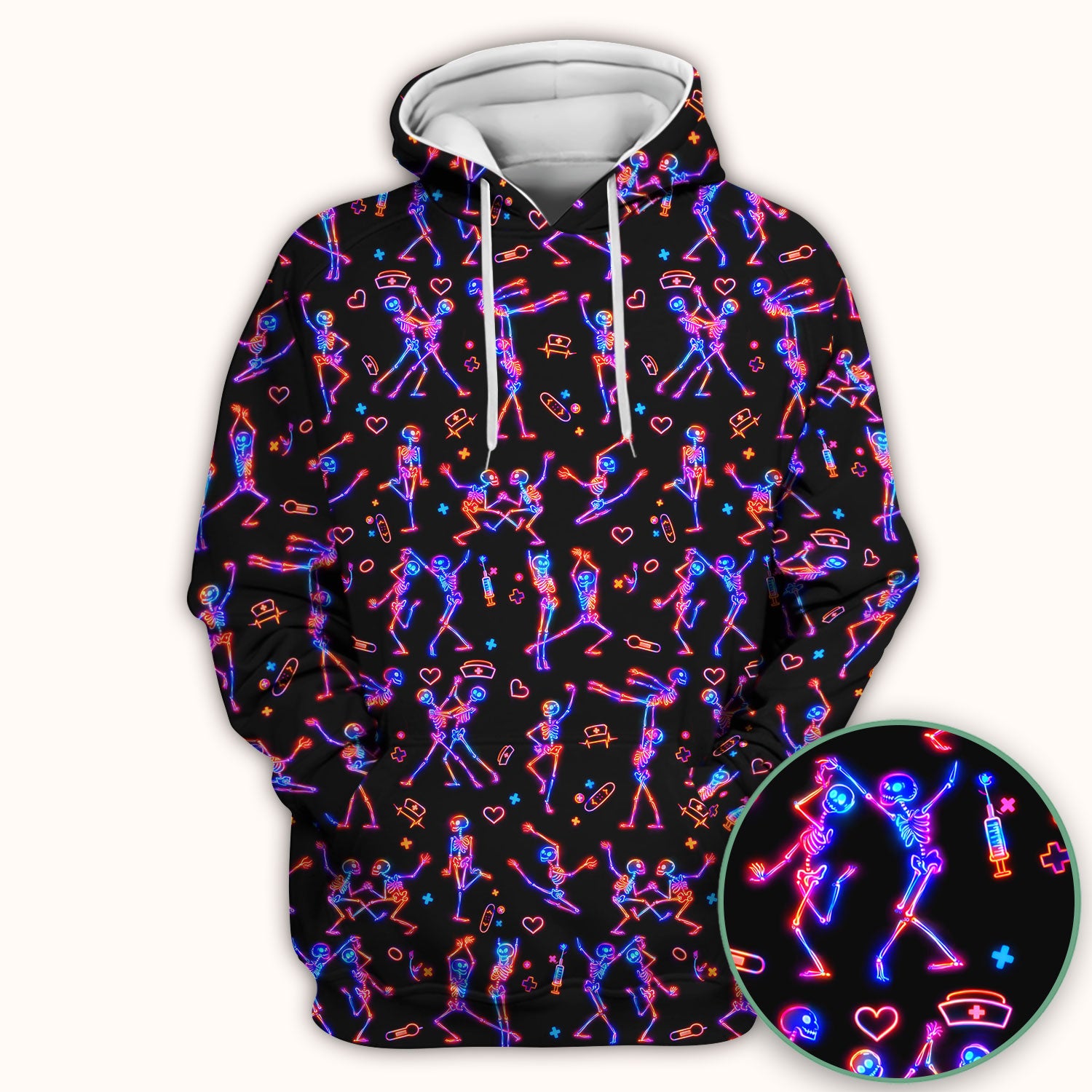 Neon Dancing Skeleton Medical Pattern Scrub Top, Comfortable Scrubs for Nurses