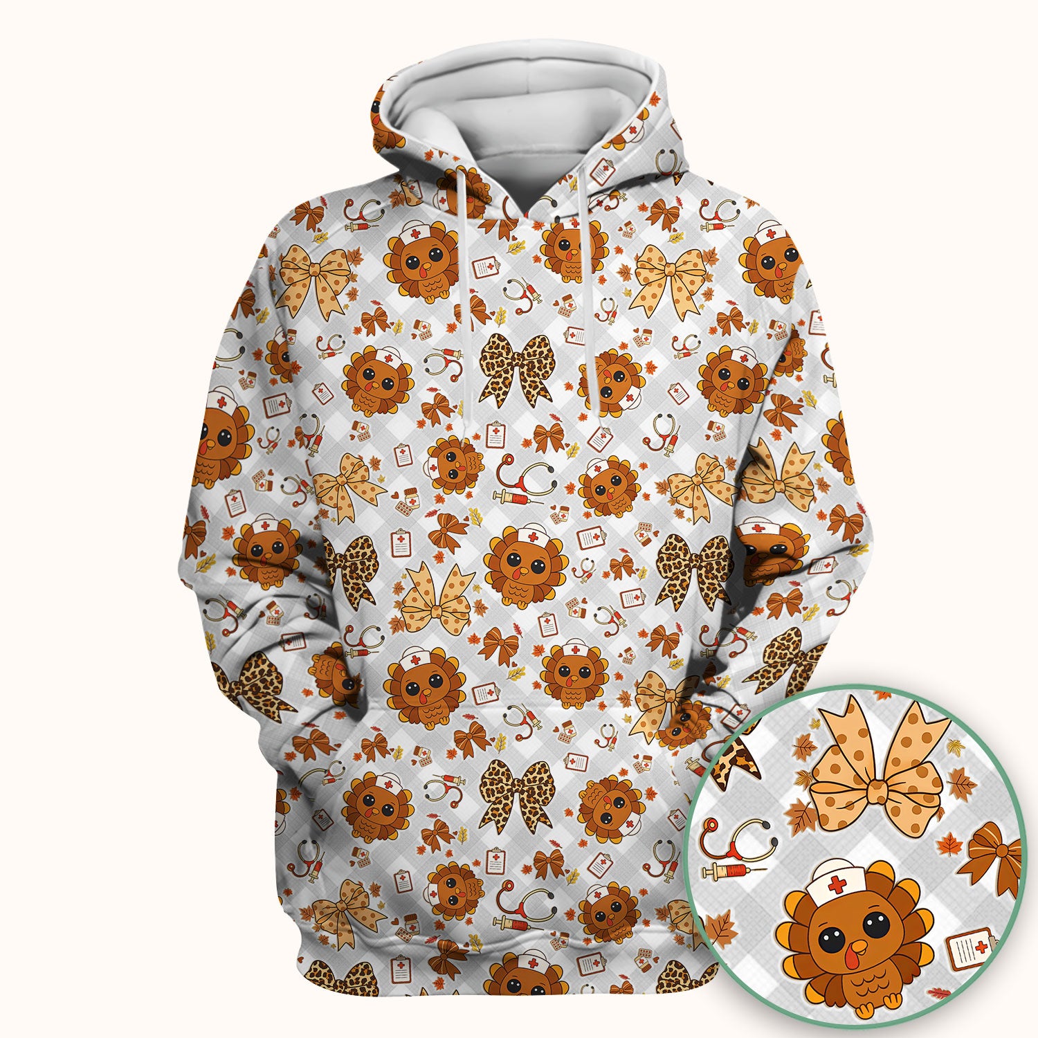 Thanksgiving Turkey Scrub Top for Nurses - Cute Fall Leaves and Bow Shirt - Funny Autumn Nursing Gift for Women RN LPN CNA