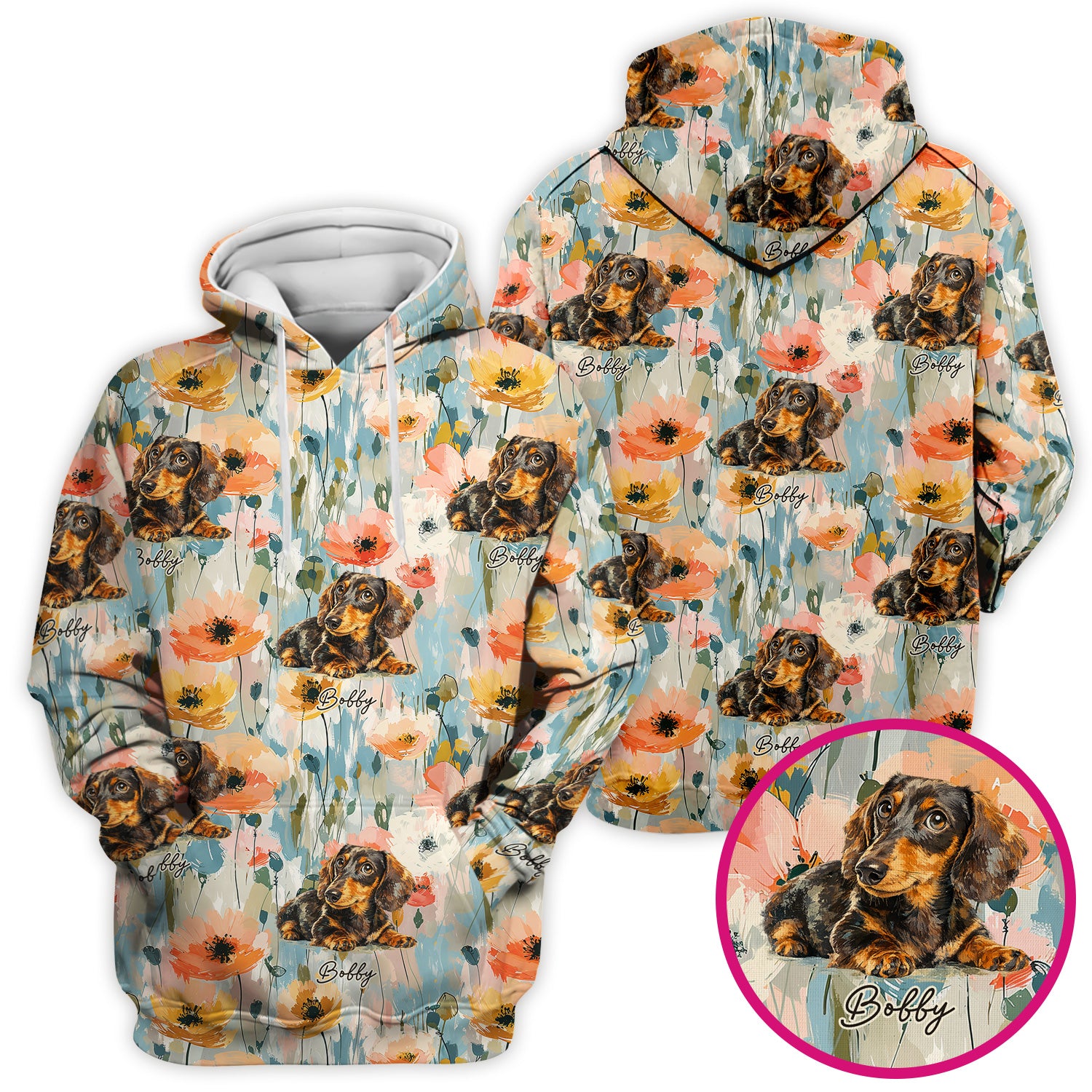 Personalized Dachshund Floral Portrait Pattern Scrub Top, Comfortable Scrubs for Nurses
