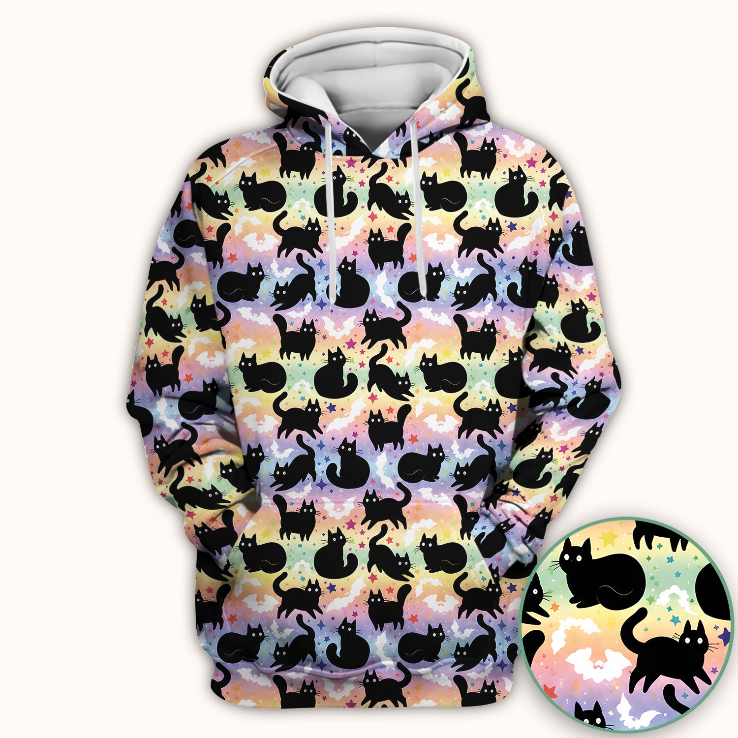 Pastel Star Black Cat Pattern Scrub Top for RN, CNA, Cat Lover Uniform
