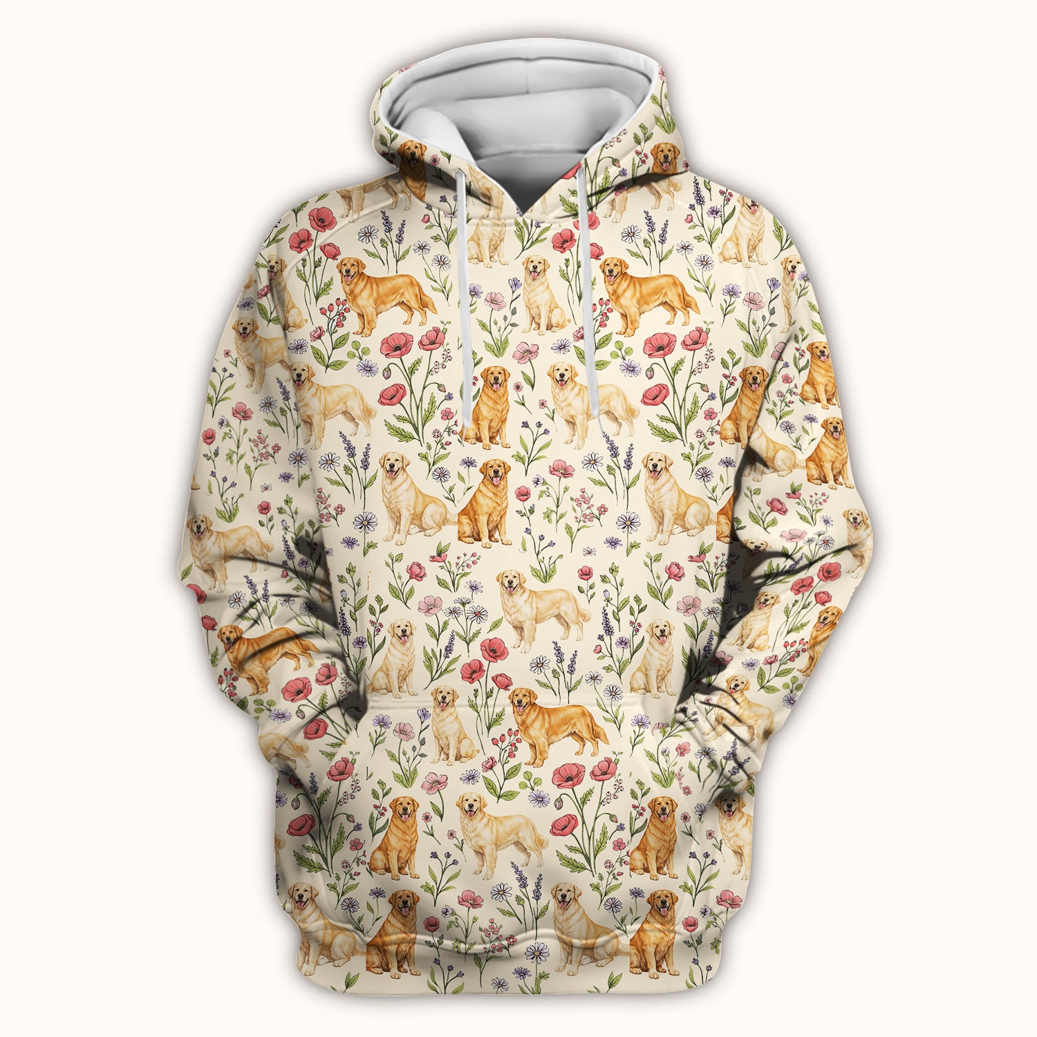 Cute Golden Retriever Floral Pattern Scrub Top, Breathable Fabrics Nursing Uniform