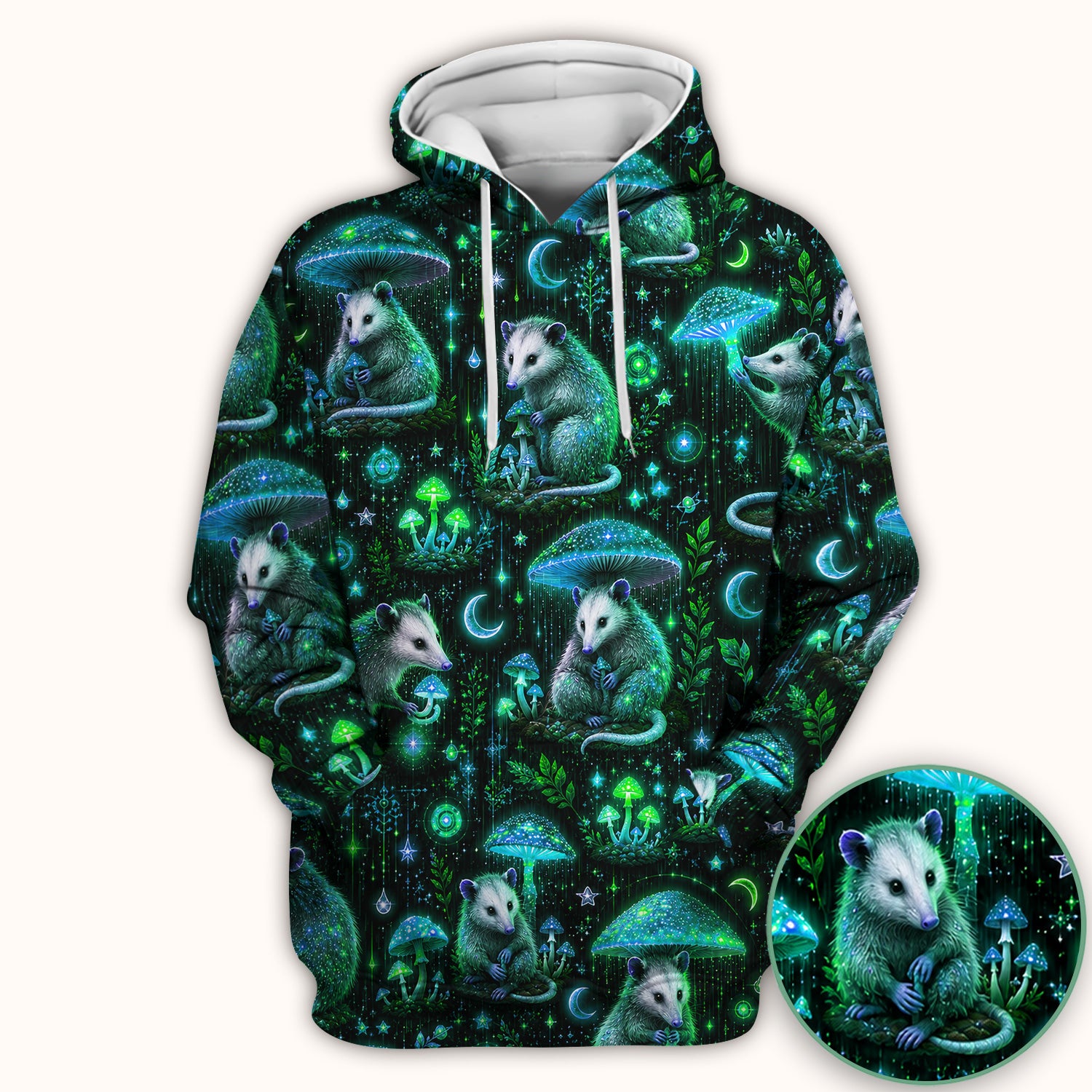Moonlit Opossum Mushroom Pattern Scrub Top, Comfortable Scrubs for Nurses