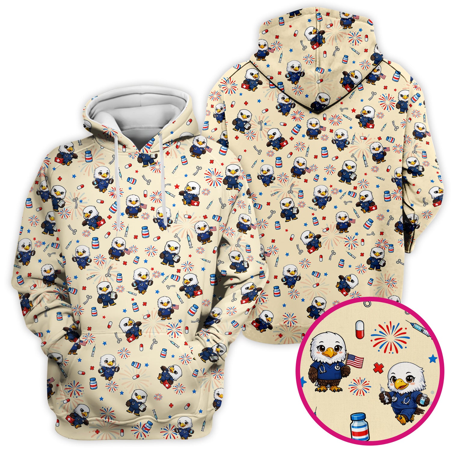 Patriotic Nurse Eagle Fireworks Medical Pattern Scrub Top, Breathable Fabrics Nursing Uniform