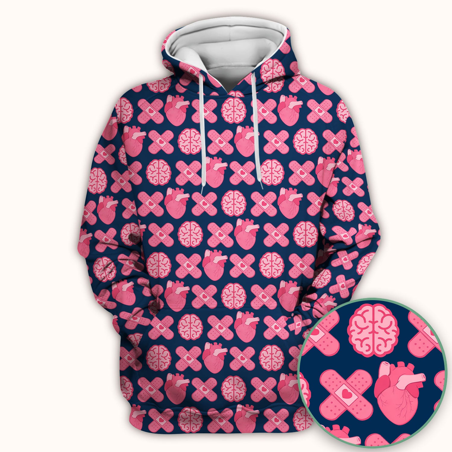 Heart & Brain Medical Icon Pattern Scrub Top, Breathable Fabrics Nursing Uniform