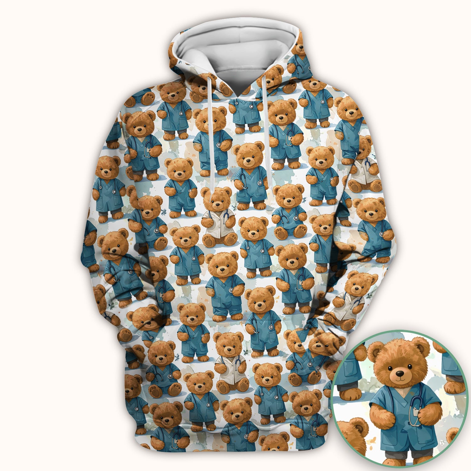 Teddy Bear Doctor Character Pattern Scrub Top, Comfortable Scrubs for Nurses