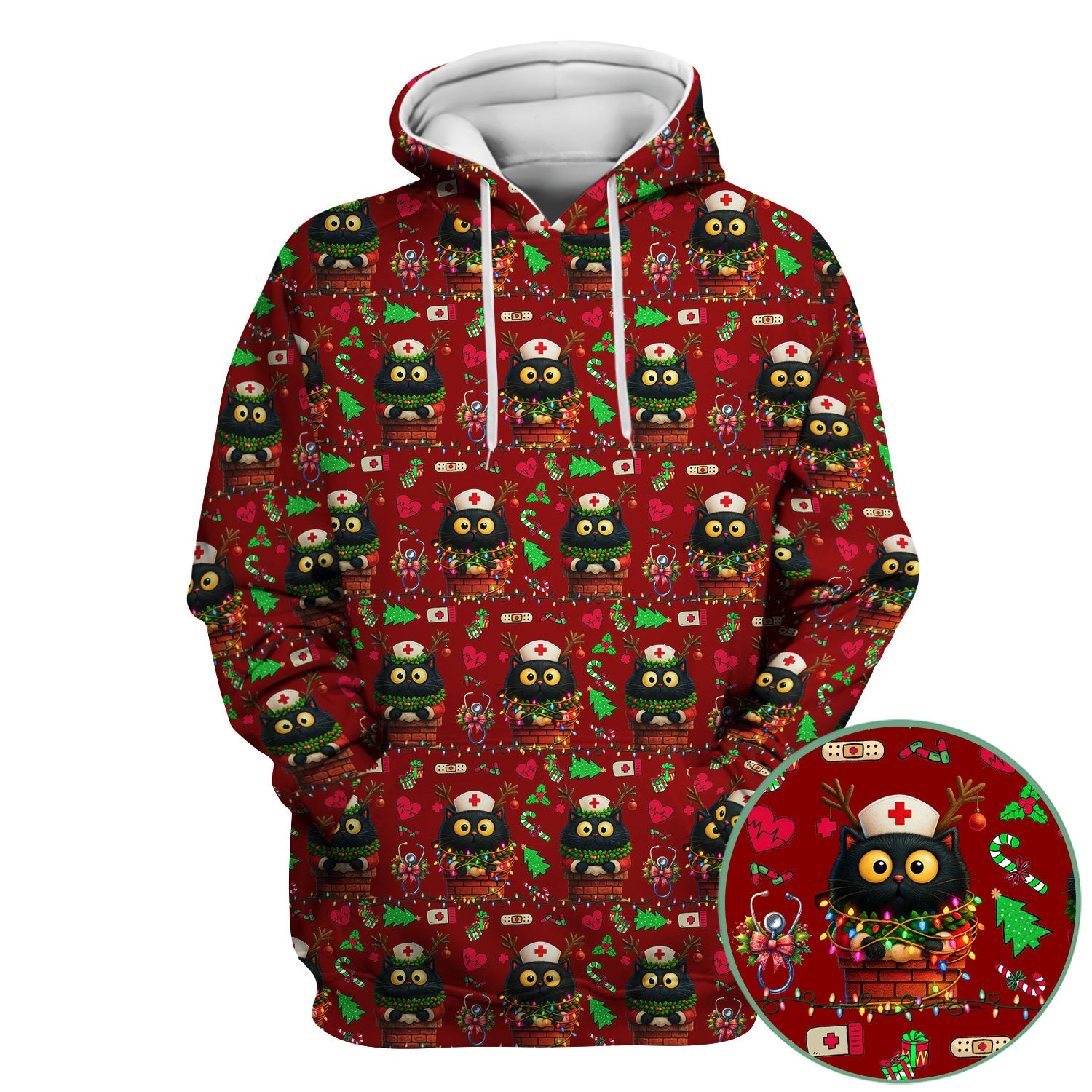 Christmas Black Cat Scrub Top for Nurse - Cute Reindeer Cat with Xmas Lights - Festive Holiday Medical Uniform for Women