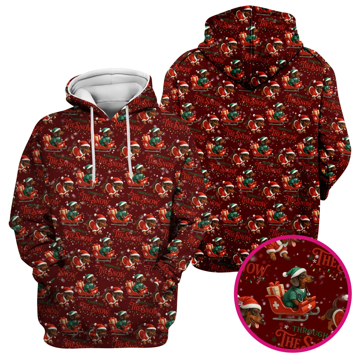 Dachshund Christmas Scrub Top, Cute Dog Nurse Scrub Shirt, Through The Snow Pattern Nursing Uniform