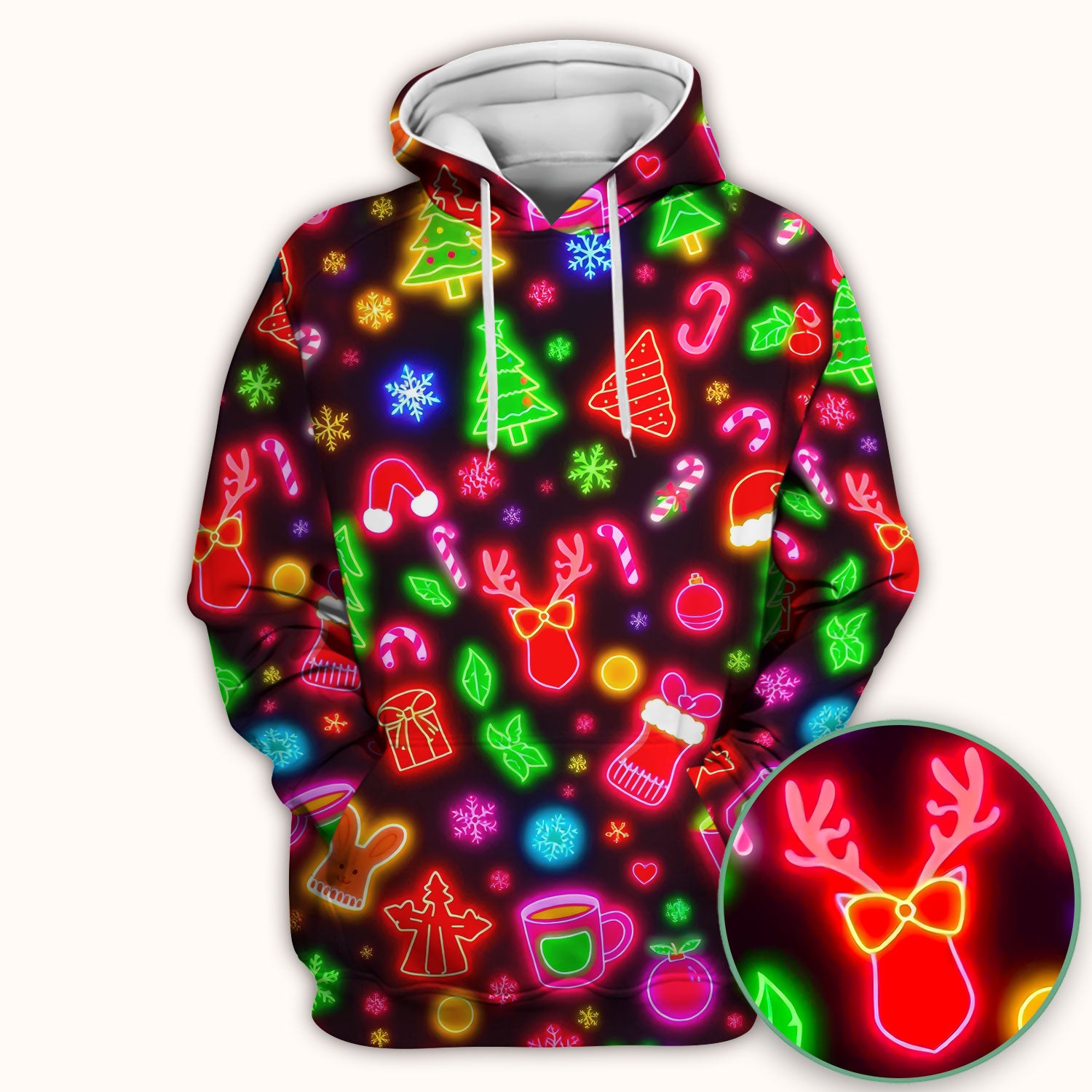 Reindeer Neon Xmas Scrub Top, Christmas Pattern Scrub Shirt,  Breathable Fabrics Nursing Uniform