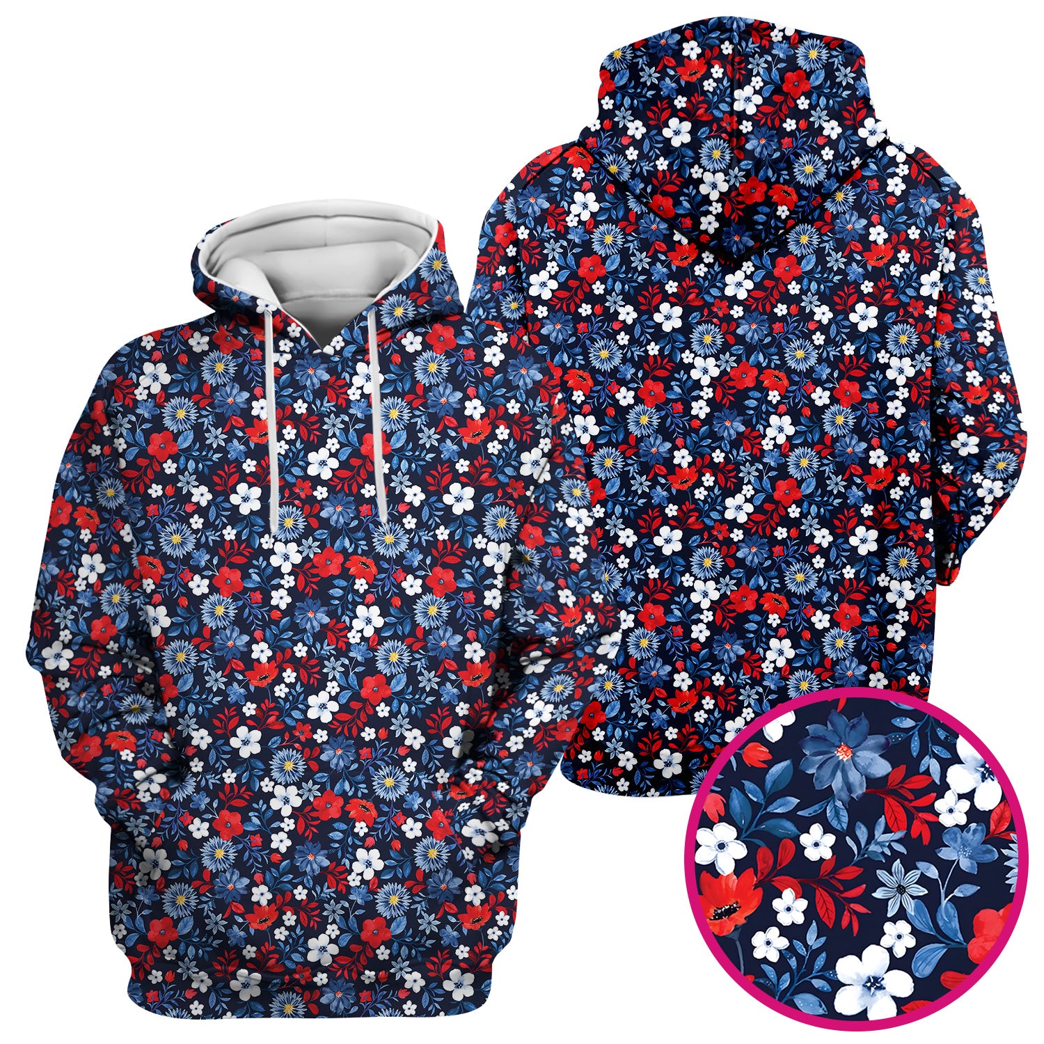 Classic Floral Print V Neck Scrub Top for Nurses, Blue Red Medical Uniform