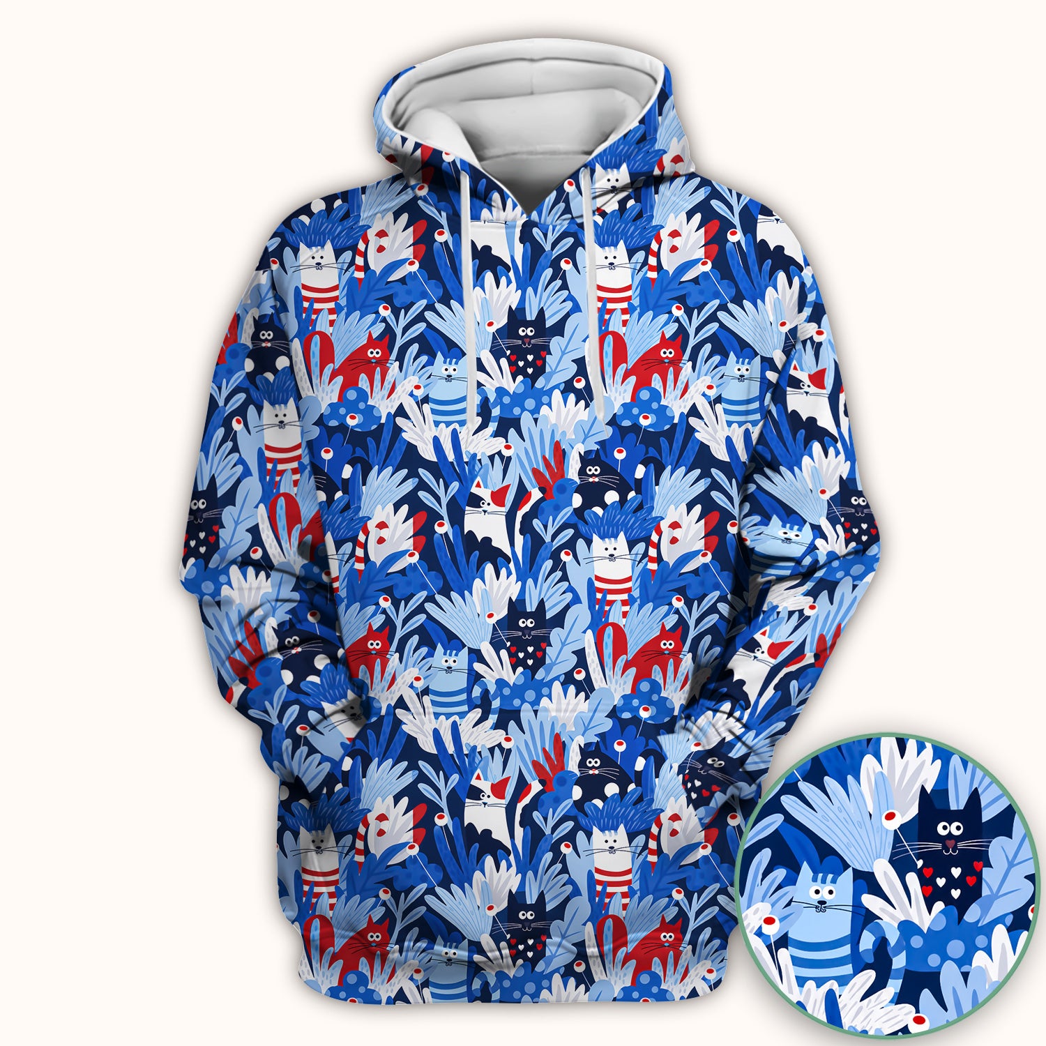 Cute Cats Among Blue Foliage Pattern Scrub Top, Comfortable Scrubs for Nurses