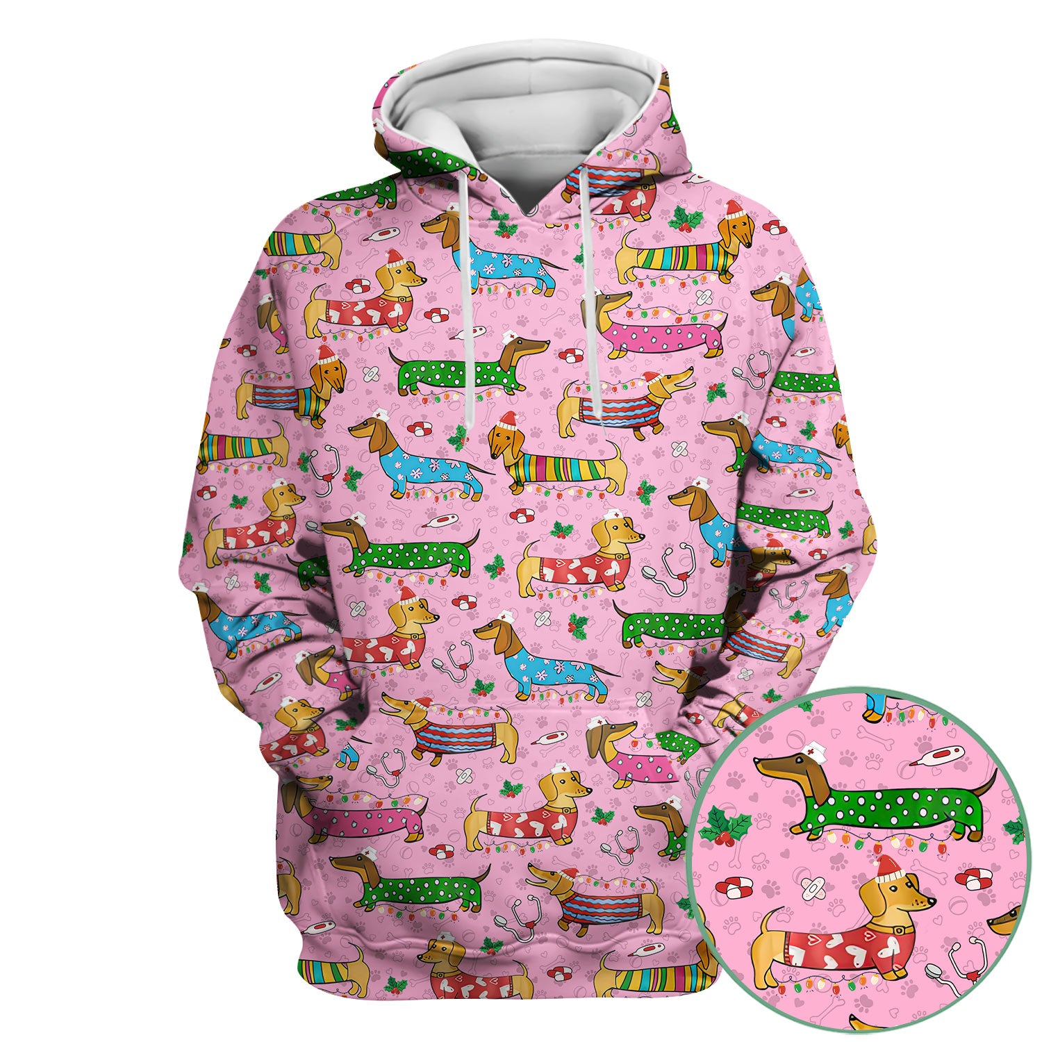 Christmas Dachshund Nurse Scrub Top - Cute Wiener Dog in Holiday Outfit - Funny Medical Shirt Gift for Women RN LPN CNA
