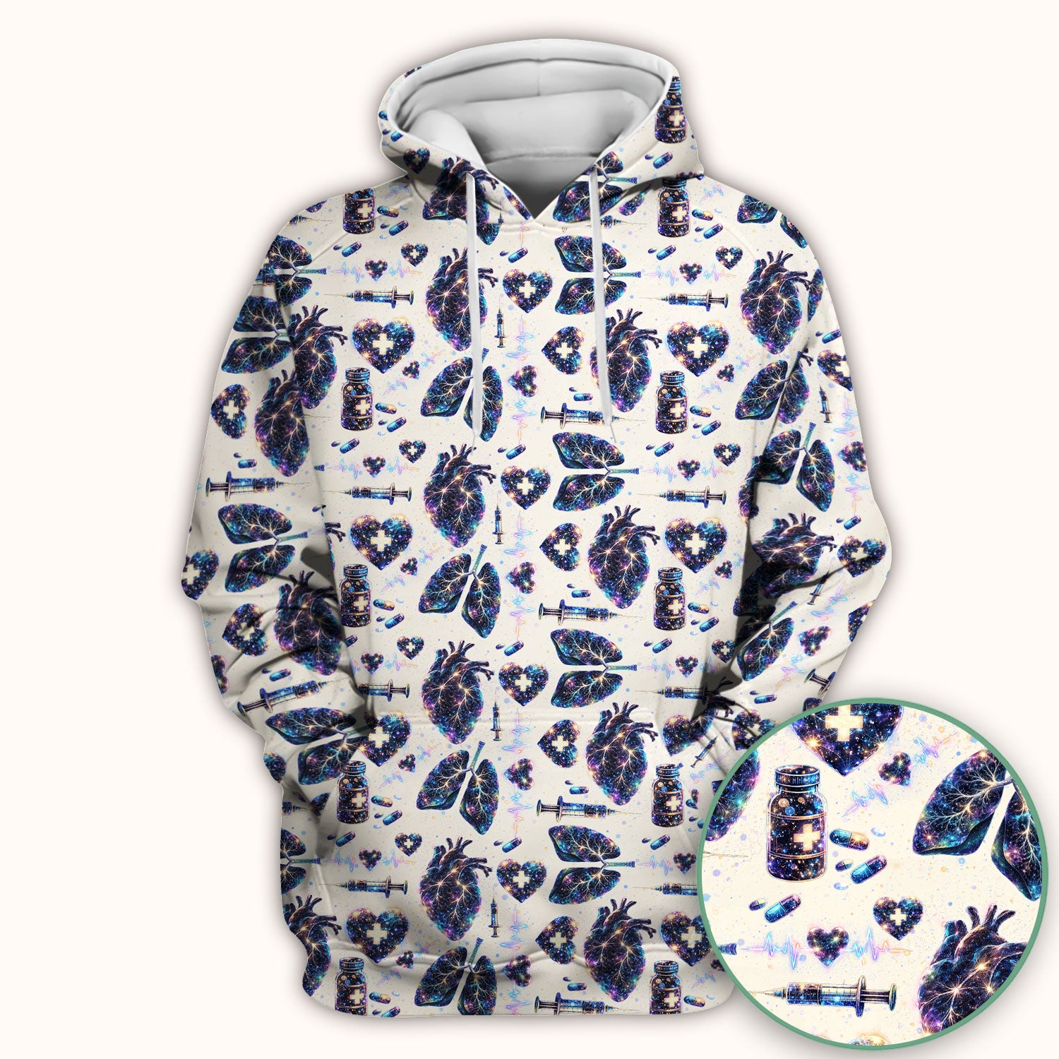 Galaxy Anatomical Heart Lung Syringe Print Scrub Top, Breathable Fabrics Nursing Uniform