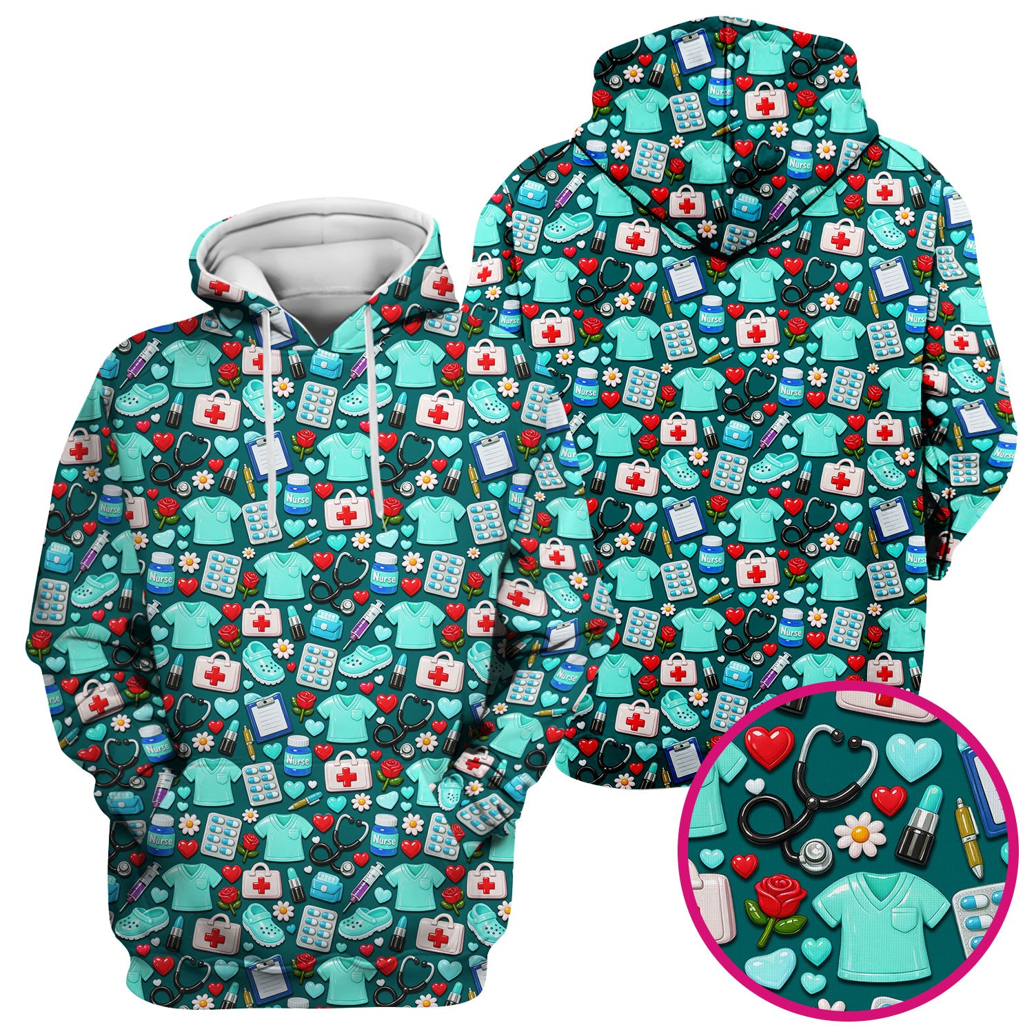 Medical Icons Scrub Top, Cute Pattern Nurse Shirt, Breathable Fabrics Nursing Uniform