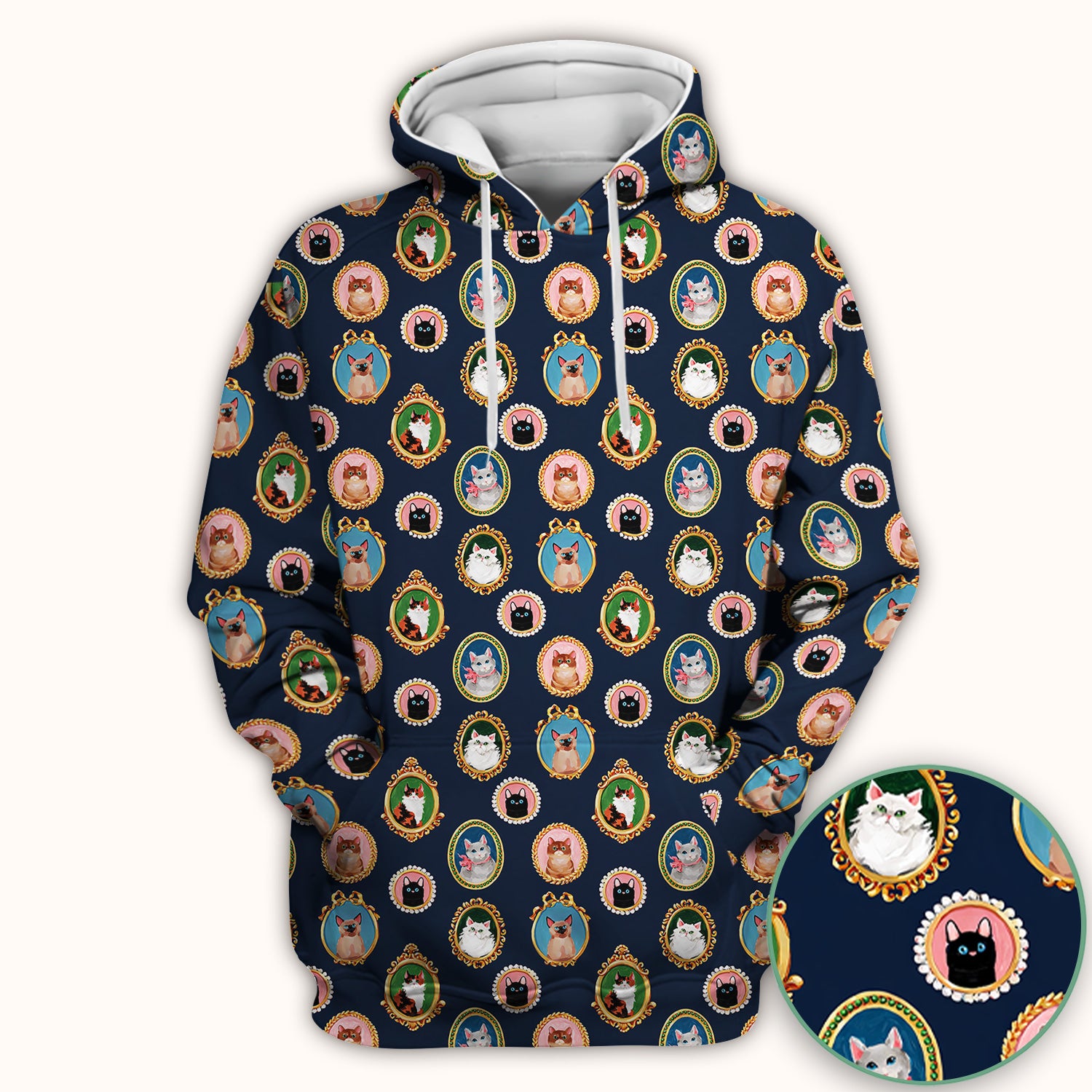 Vintage Cat Portrait Pattern Scrub Top, Breathable Medical Uniform Top