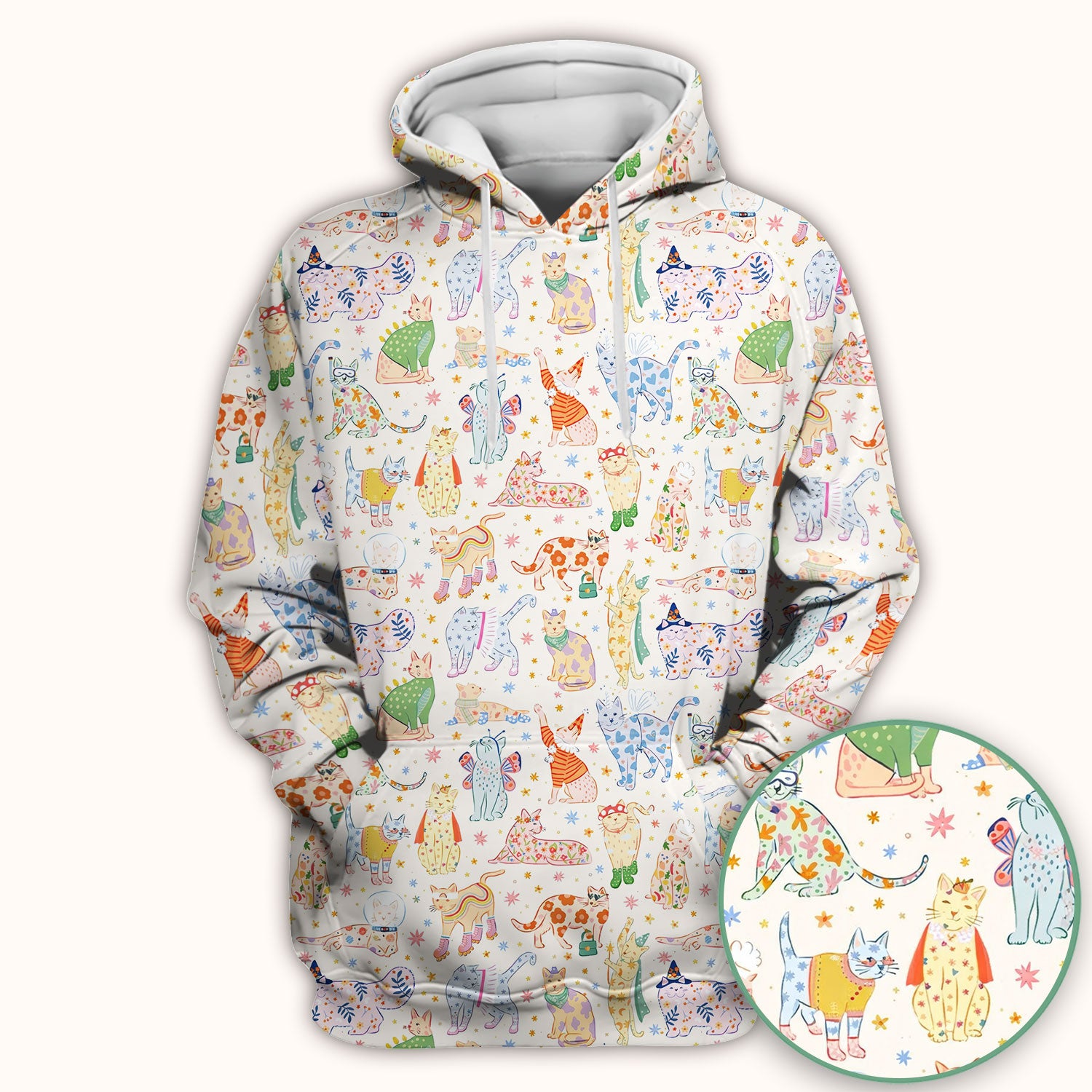 Colorful Pastel Cartoon Cats Print Scrub Top, Breathable Fabrics Nursing Uniform
